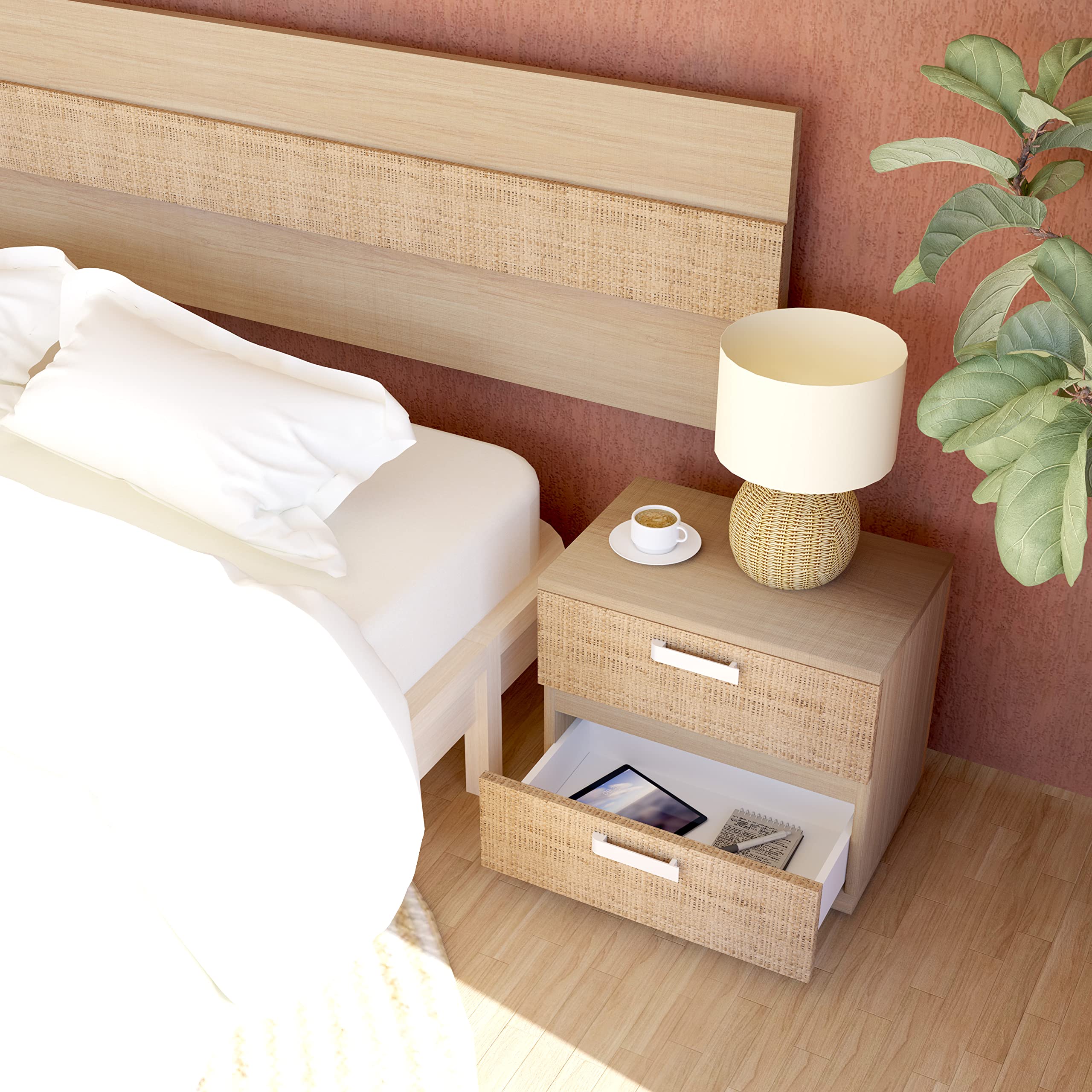 duehome | Pack Ataneq Tex 4c con Cabecero + 2 Mesitas + Comoda + Espejo, Tofe y Textil