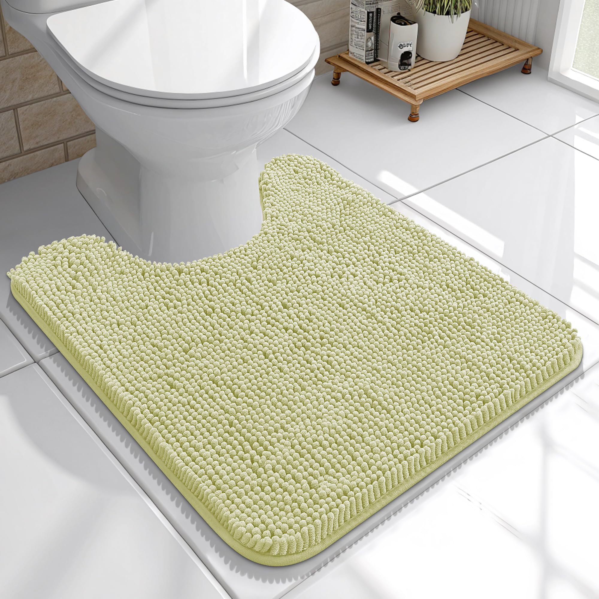 OLANLY Toilet Rugs U-Shaped 20x20, Soft Absorbent Chenille Contour Rugs | Vanilla, Quick-Drying Rubber Backing, Machine Washable Non-Slip Shaggy Bathroom Mat for Toilet, Home Decor Accessories