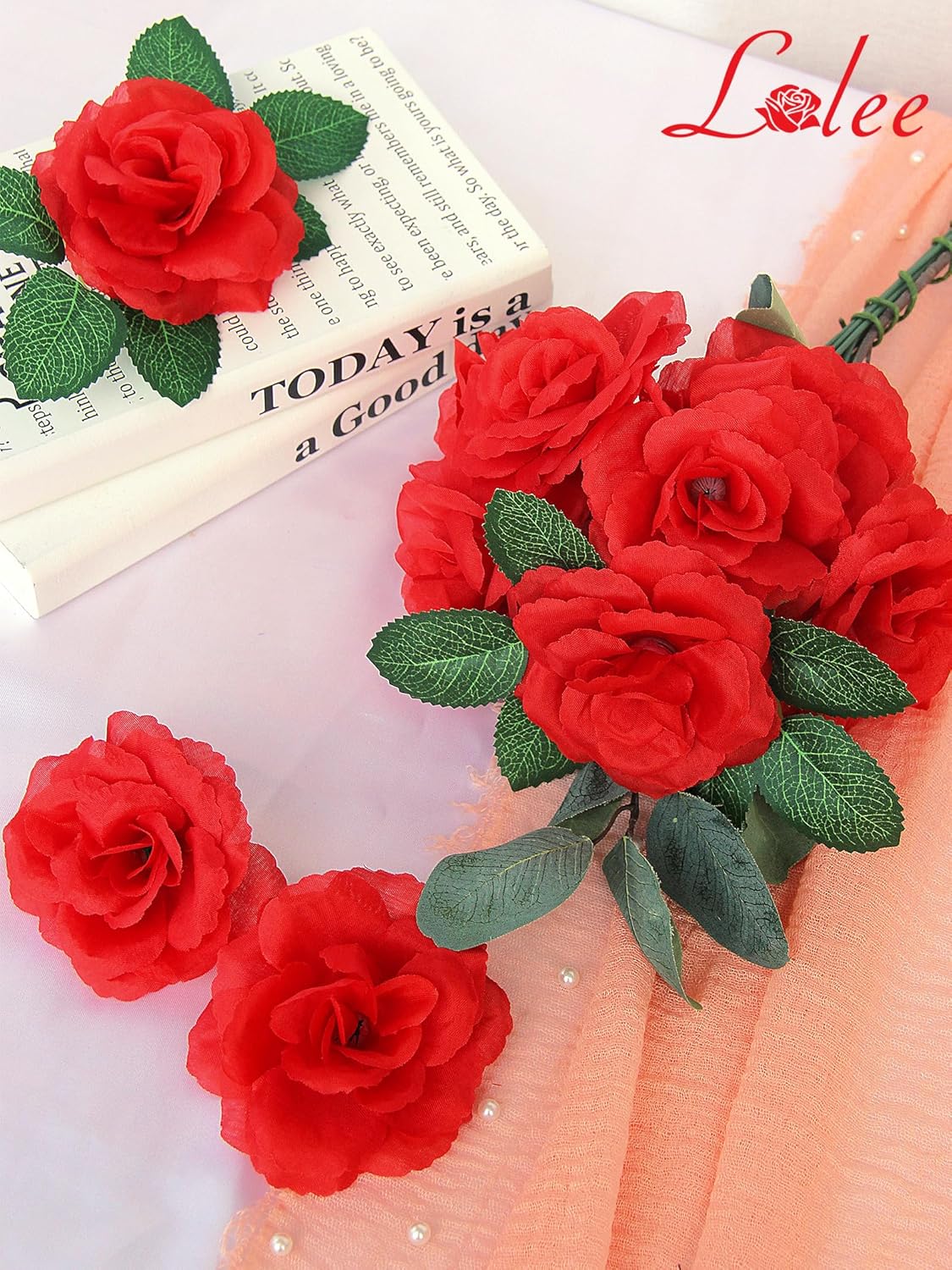 LELEE Rose Head Flowers with Stem - 108pcs Red Roses Artificial Flowers Bulk - Silk Rose Fake Flower for Wedding Bouquet Party Home Decor DIY Baby Shower Centerpieces Tables Decoration