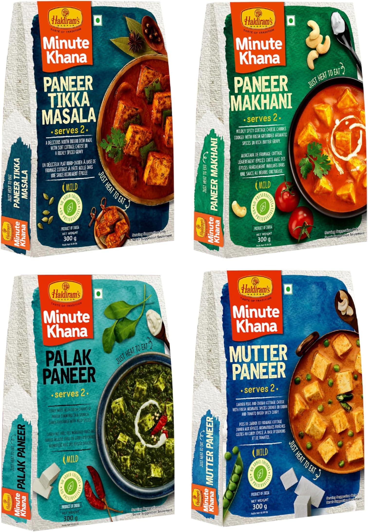 Haldiram's Nagpur Ready To Eat Mutter Paneer 300g, Paneer Makhani 300g, Palak Paneer 300g, Paneer Tikka Masala 300g