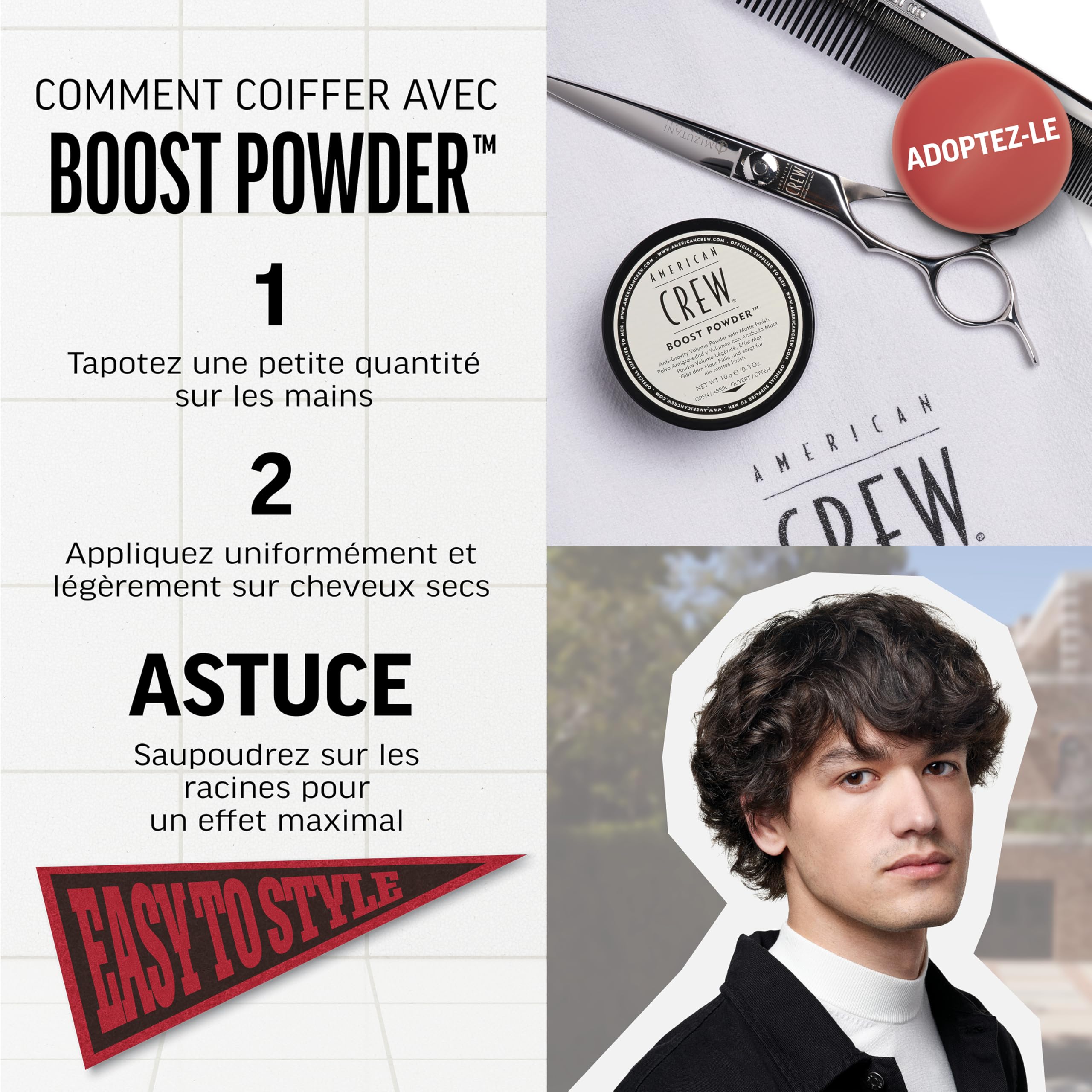 American Crew Boost Powder Poudre Coiffante Homme 20g | Finition mate volumisante qui sculpte des coiffures flexibles longue durée, tous types de cheveux, parfum Aqua.