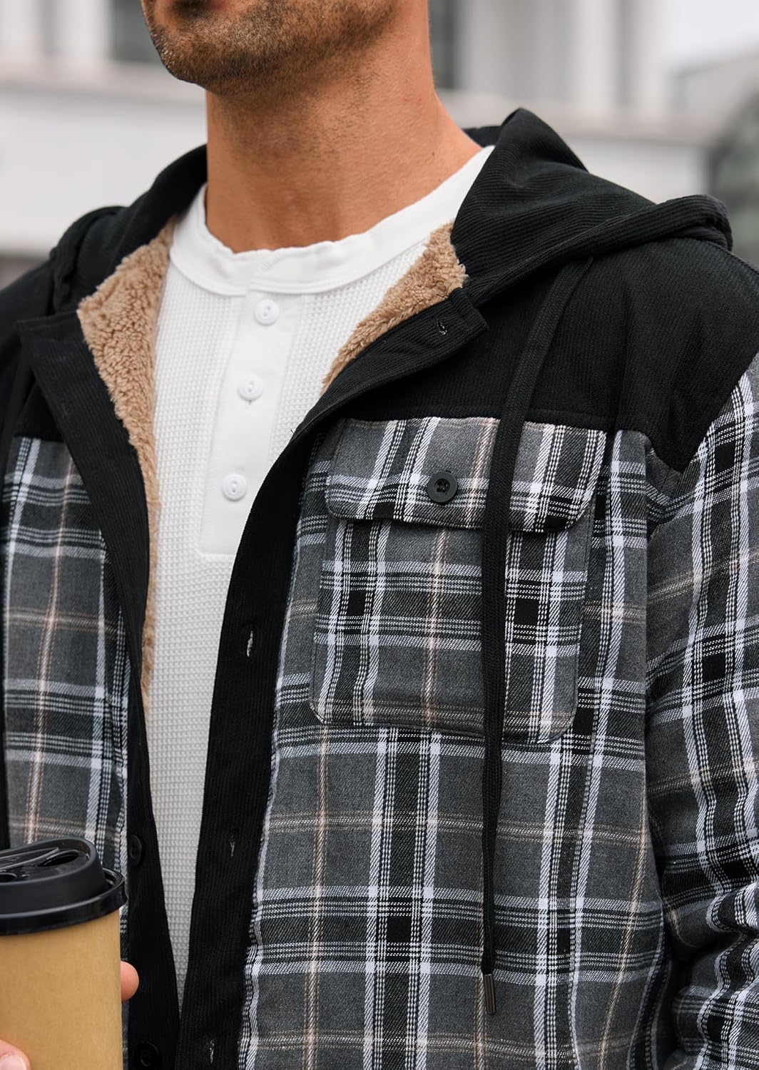 Men’s Plaid Flannel Jacket Warm Sherpa-Lined Button Down Corduroy Hoodie (S-XXL) - Image 8