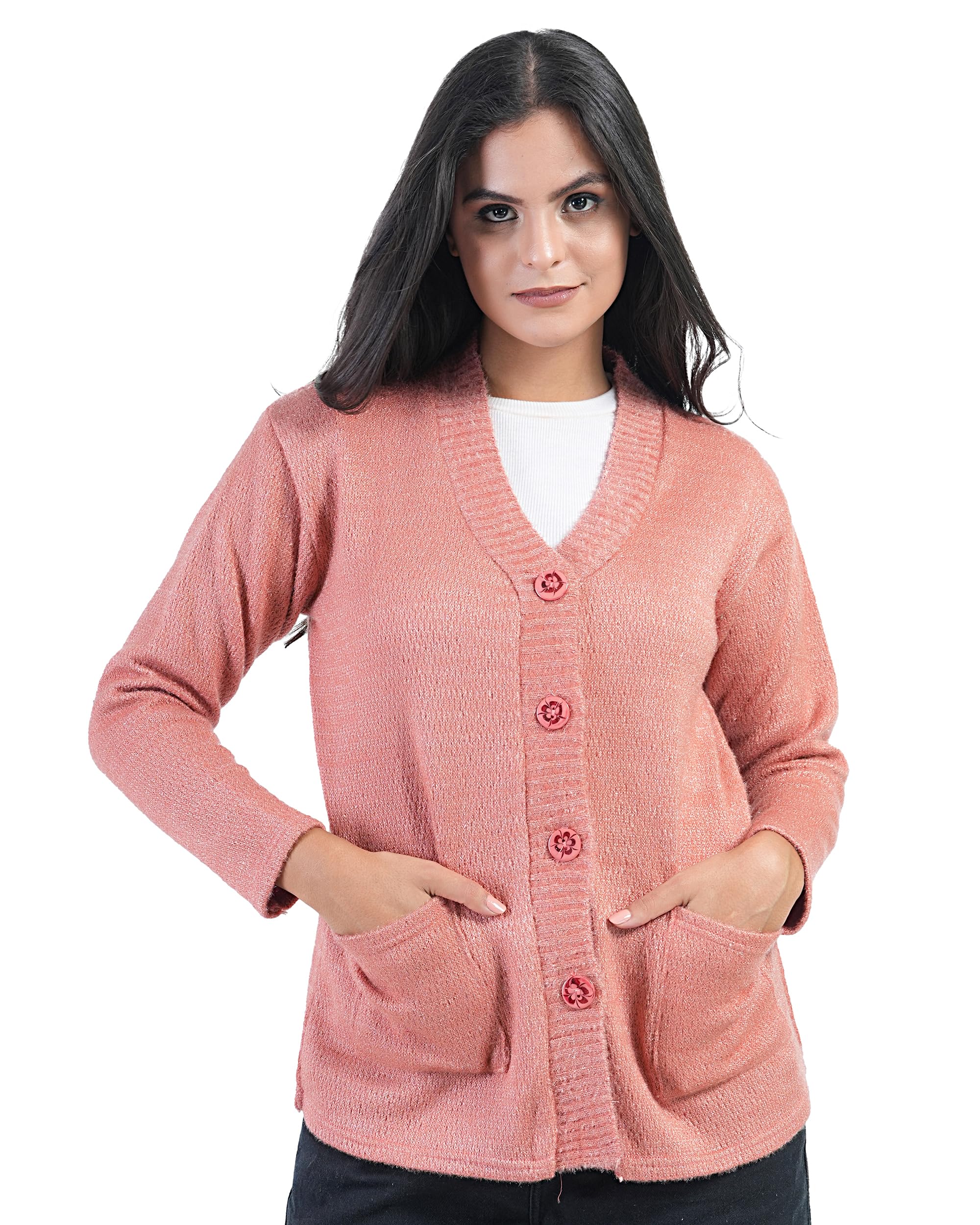 Wool Blend MANRA Oswal Women'S V-Neck Stylish Cardigan Sweater Cozy Winter Wear With Front Pockets, Casual Long Sleeve Knit For Ladies (Women Baby Soft Pocket/44/ Peach), 2XL-picture-20