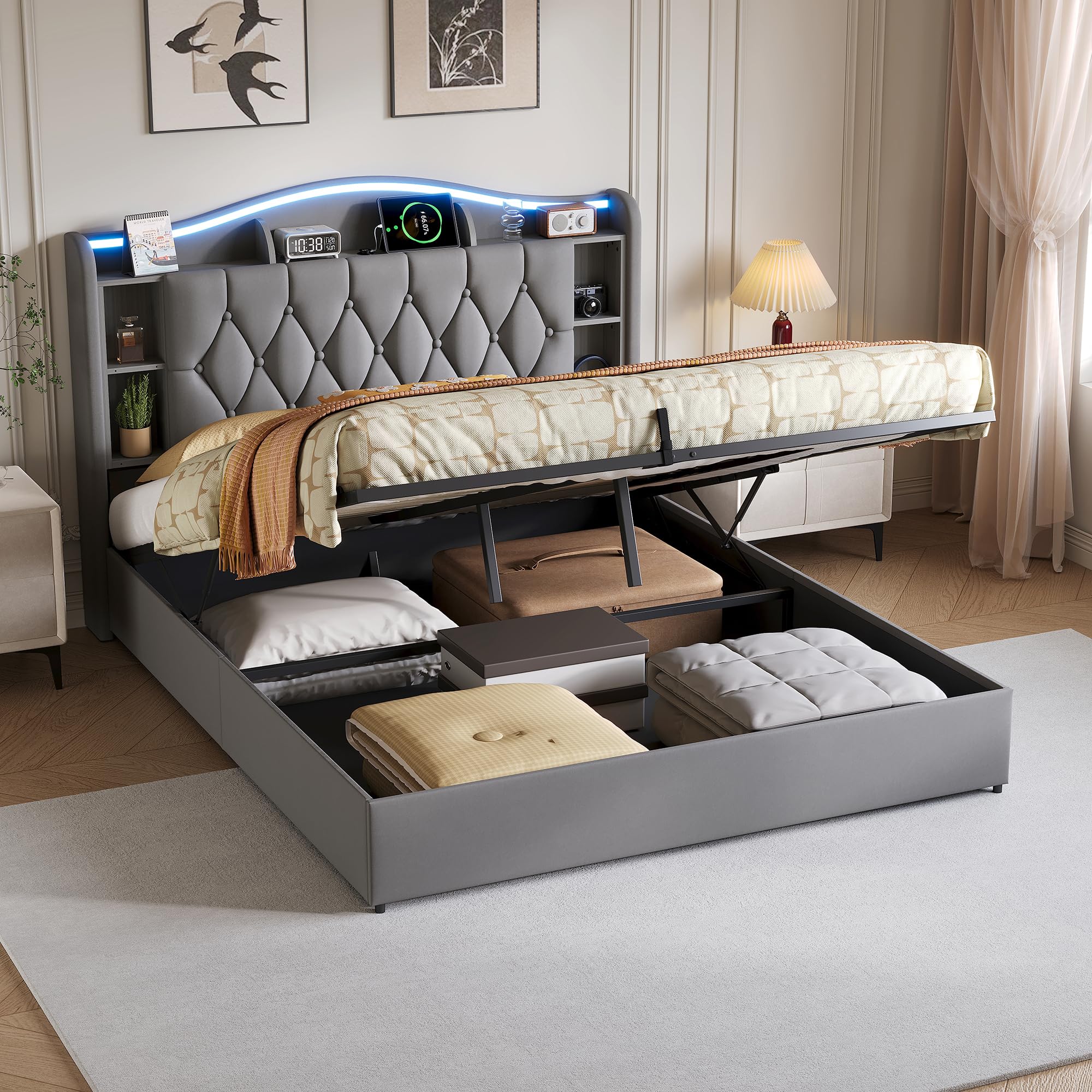Letto Matrimoniale Imbottito Con Contenitore E Pistoni Idraulici, 140x190 Cm, Velluto Beige, Con Testiera, Senza Materasso