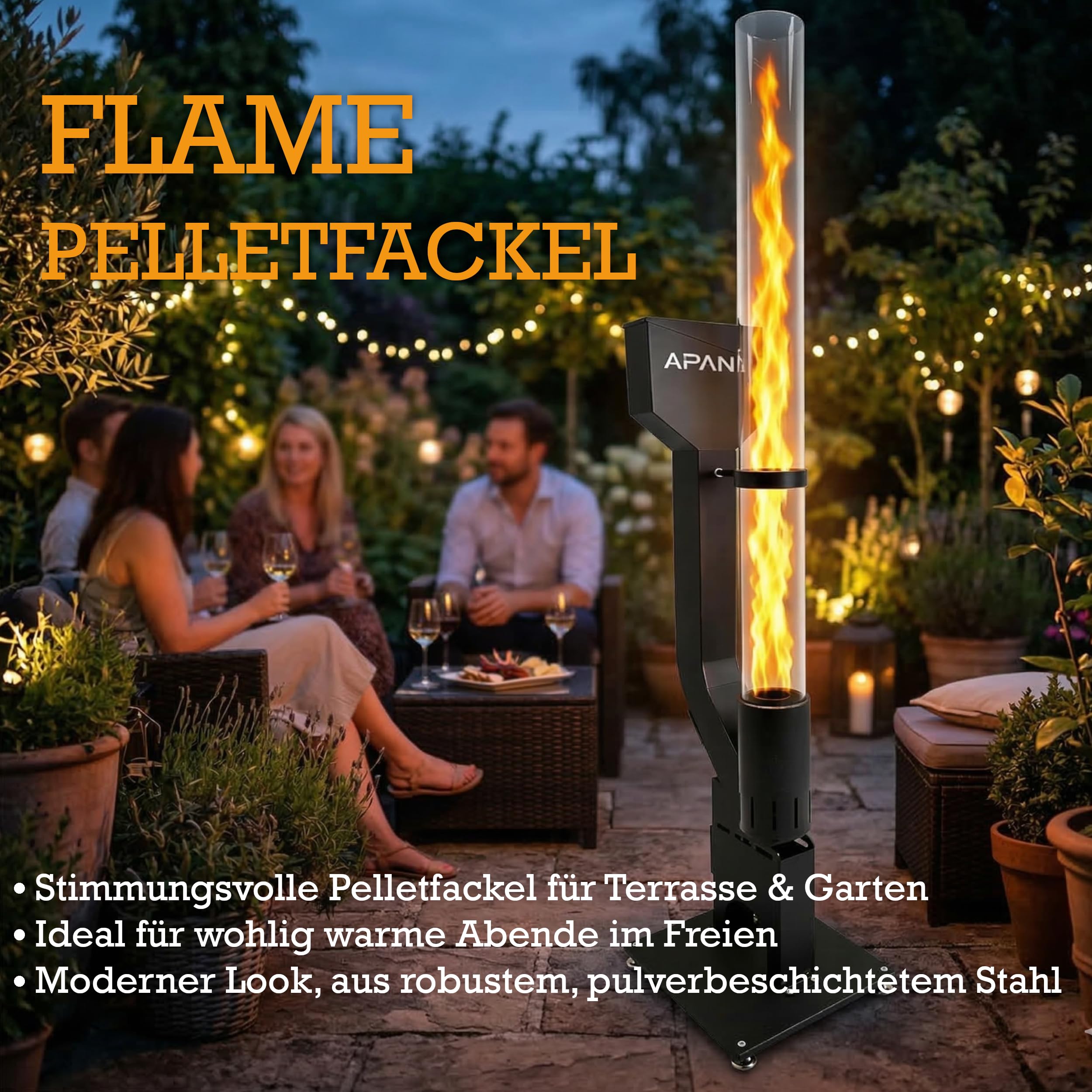 APANA Pelletfackel Flame für Holzpellets Outdoor Feuerfackel Gartenfackel mit hitzebeständiger Glasröhre bis 450°C, Stahl schwarz pulverbeschichtet, Schaufel-Abdeckung für sauberes Befüllen