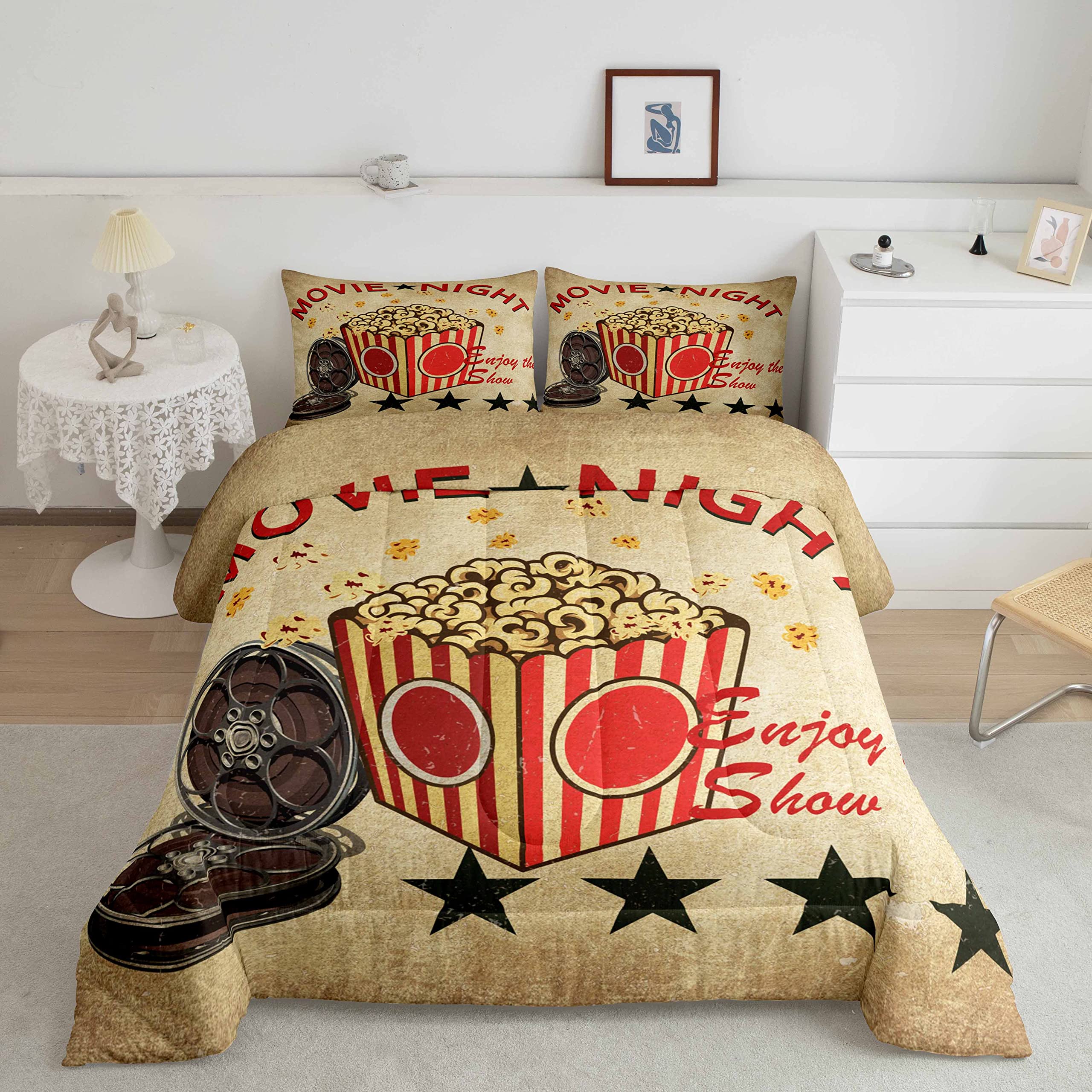 Film Nacht Tröster Set 200x200 Genießen Show Bettbezug Brown Popcorn Daunendecke für Filmliebhaber Kinder Jugend,Old Style Theater Schlafzimmer Dekor Klassische Film Große Film Gesteppte Bettdecke
