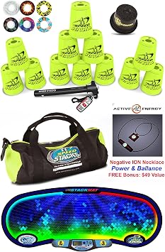 Speed Stacks Custom Combo Set - The Works 12 NEON Yellow 4" Cups, Cup Keeper, Quick Release Stem, Pro Timer, Gen 3 Premium VOXEL Glow Mat, 6 Snap Tops, Gear Bag + Free Active Energy Necklace $49