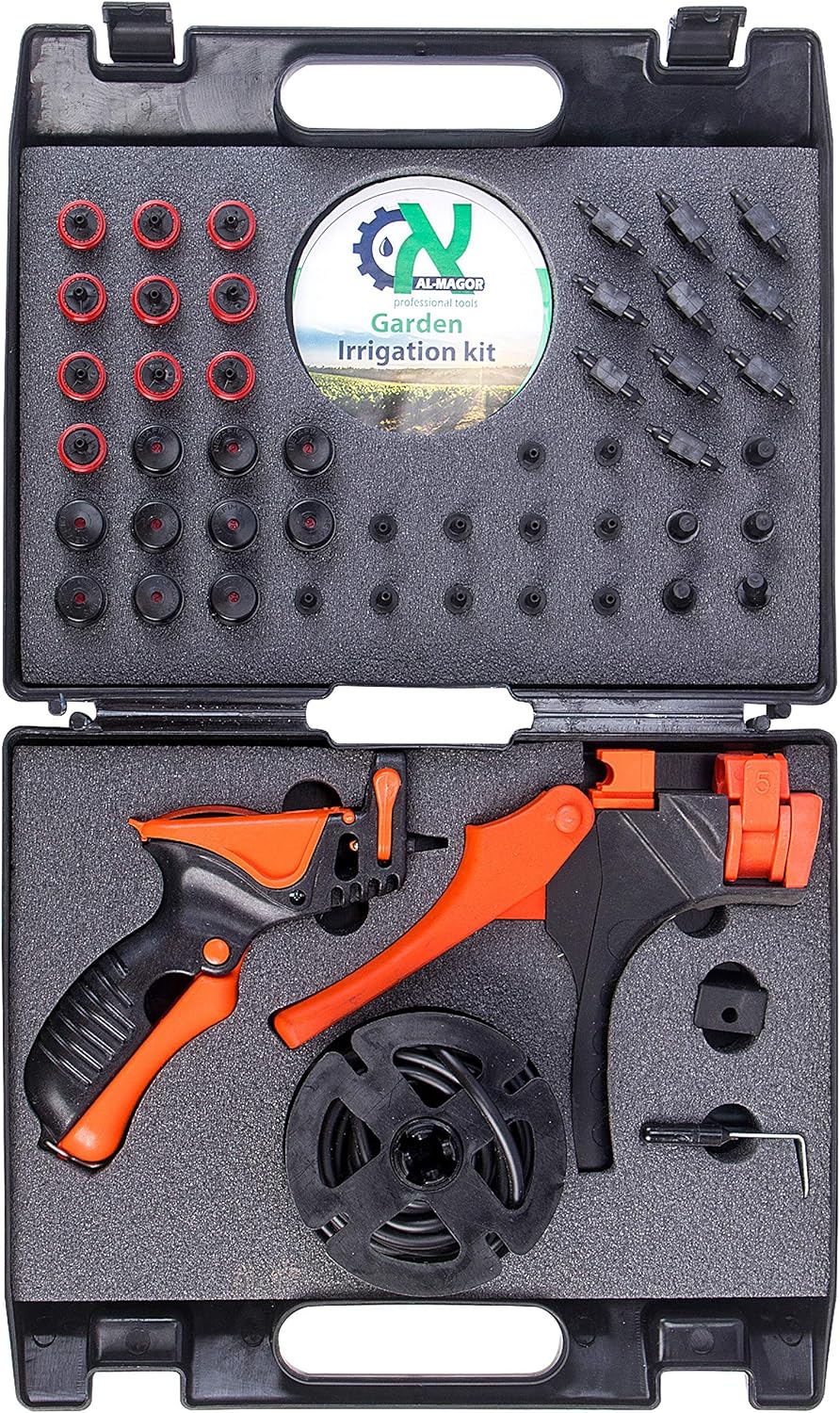Al-Magor Garden Irrigation Kit: Complete Set for Installing, Inserting Sprinklers, Drippers in PE Tube Pipes with Tools, Plugs, Connectors, and Case