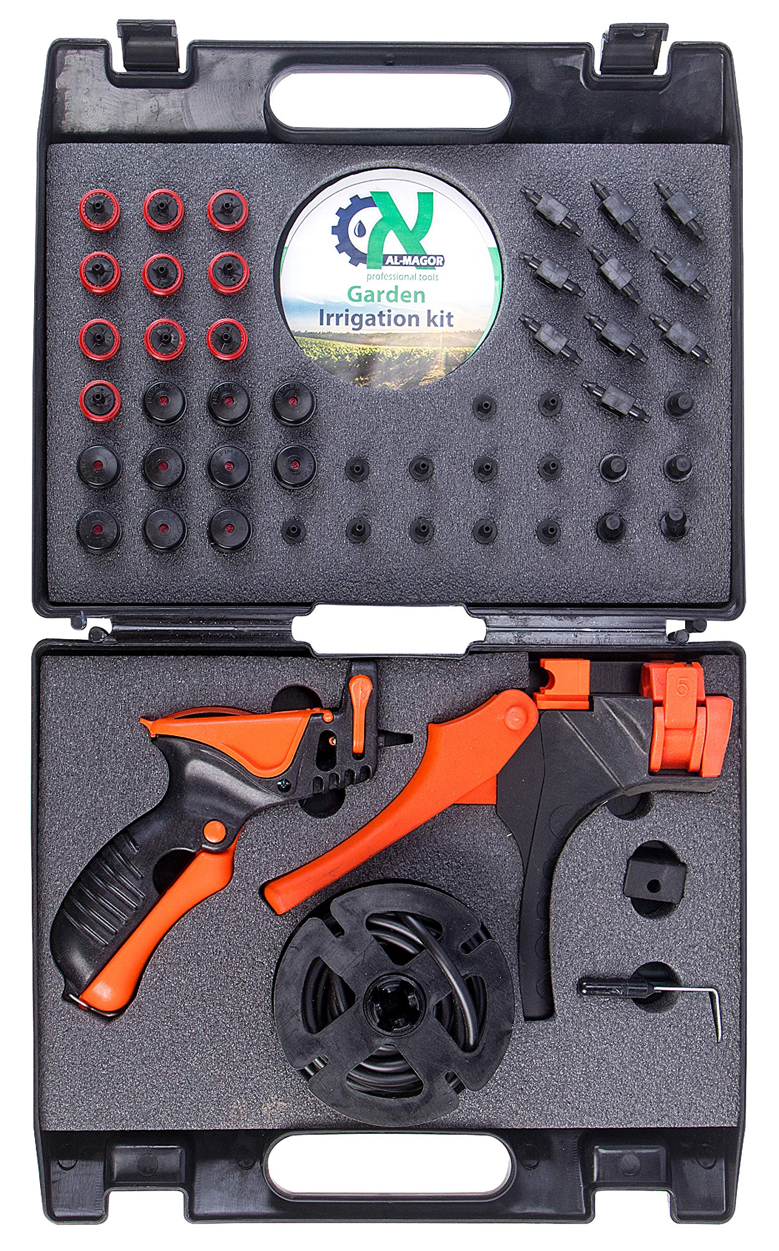AL-MAGOR Kit di irrigazione da giardino: set completo per l'installazione, l'inserimento di irrigatori, gocciolatori in tubi in PE con strumenti, spine, connettori e custodia
