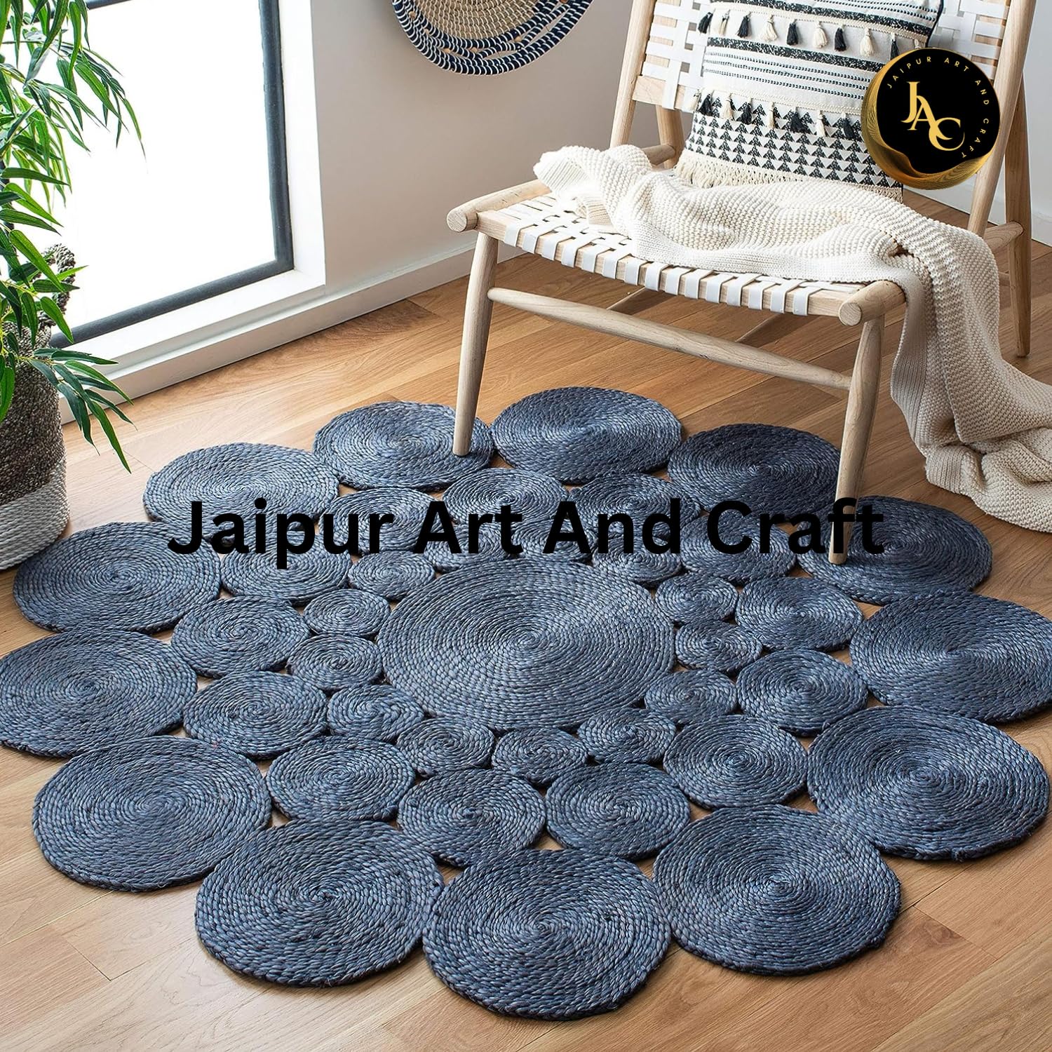 Runder Blauer natürlicher Jute-Teppich, handgefertigter Vintage-Bodenteppich aus Naturfasern– (7x7 Quadratfuß)