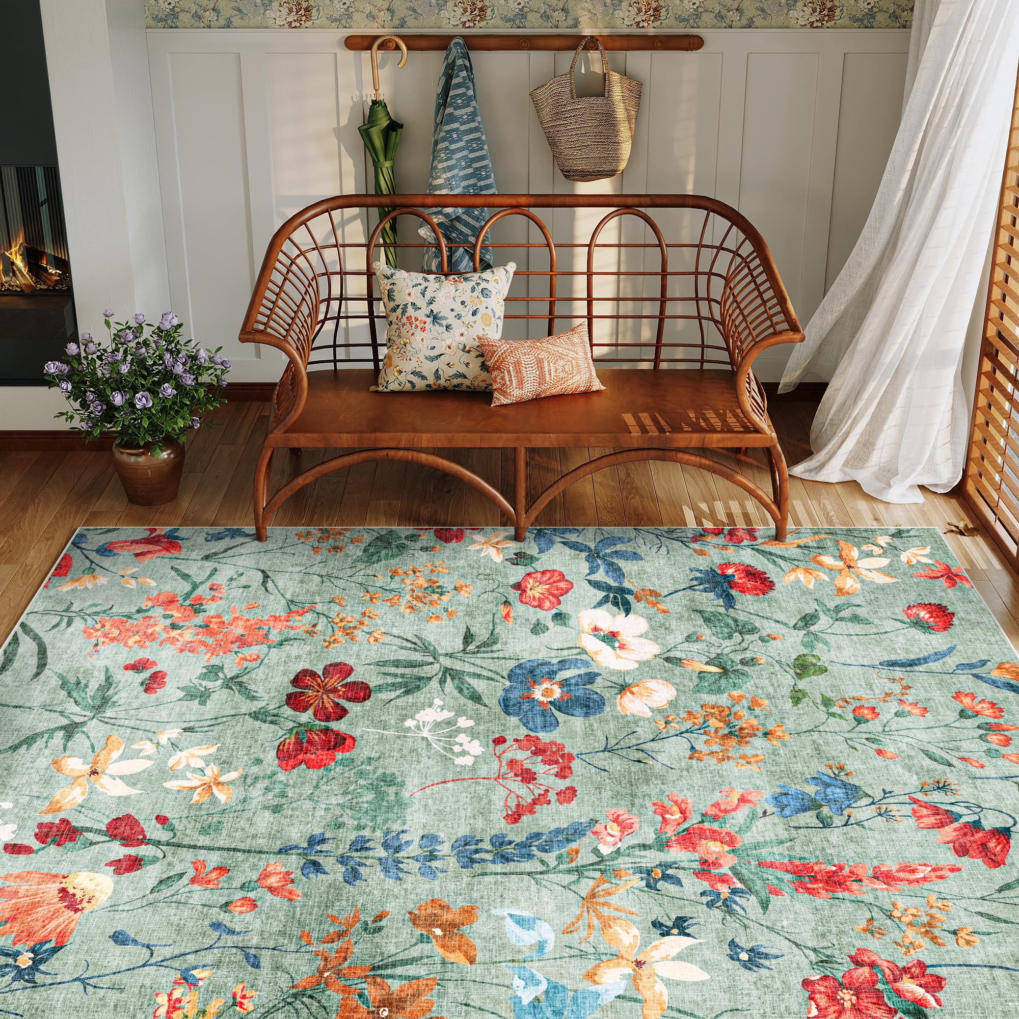 HUGEAR Verde Tappeto Salotto 160x230cm Camera Da Pranzo Antiscivolo Tappeti Lavabile In Lavatrice Carpet Moderno Motivo Floreale Esterno Pelo Corto Misure Grandi Cameretta Sala Rug