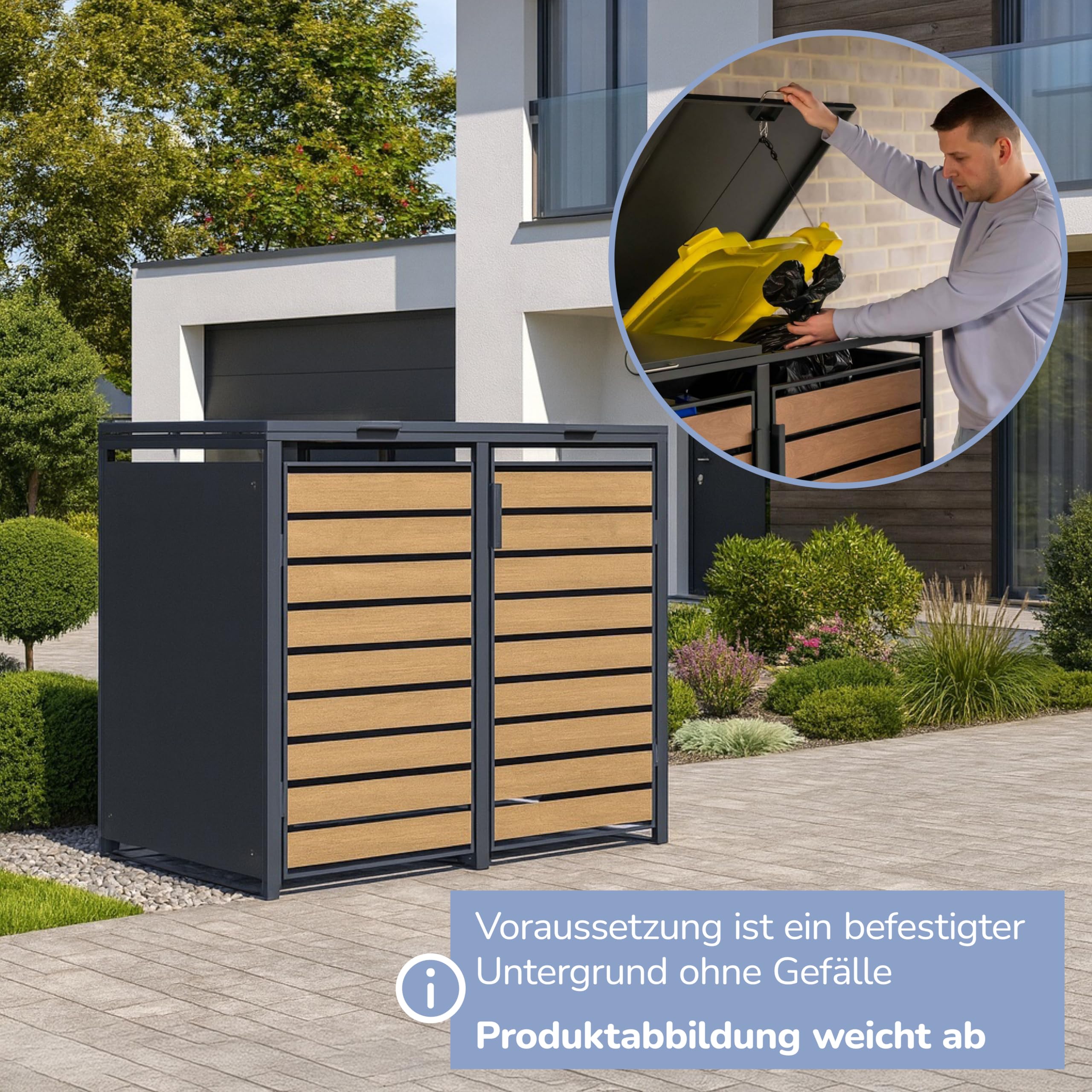 Mülltonnenbox 3er Valto mit Lamellendesign/Klappdach mit Gasdruckdämpfer