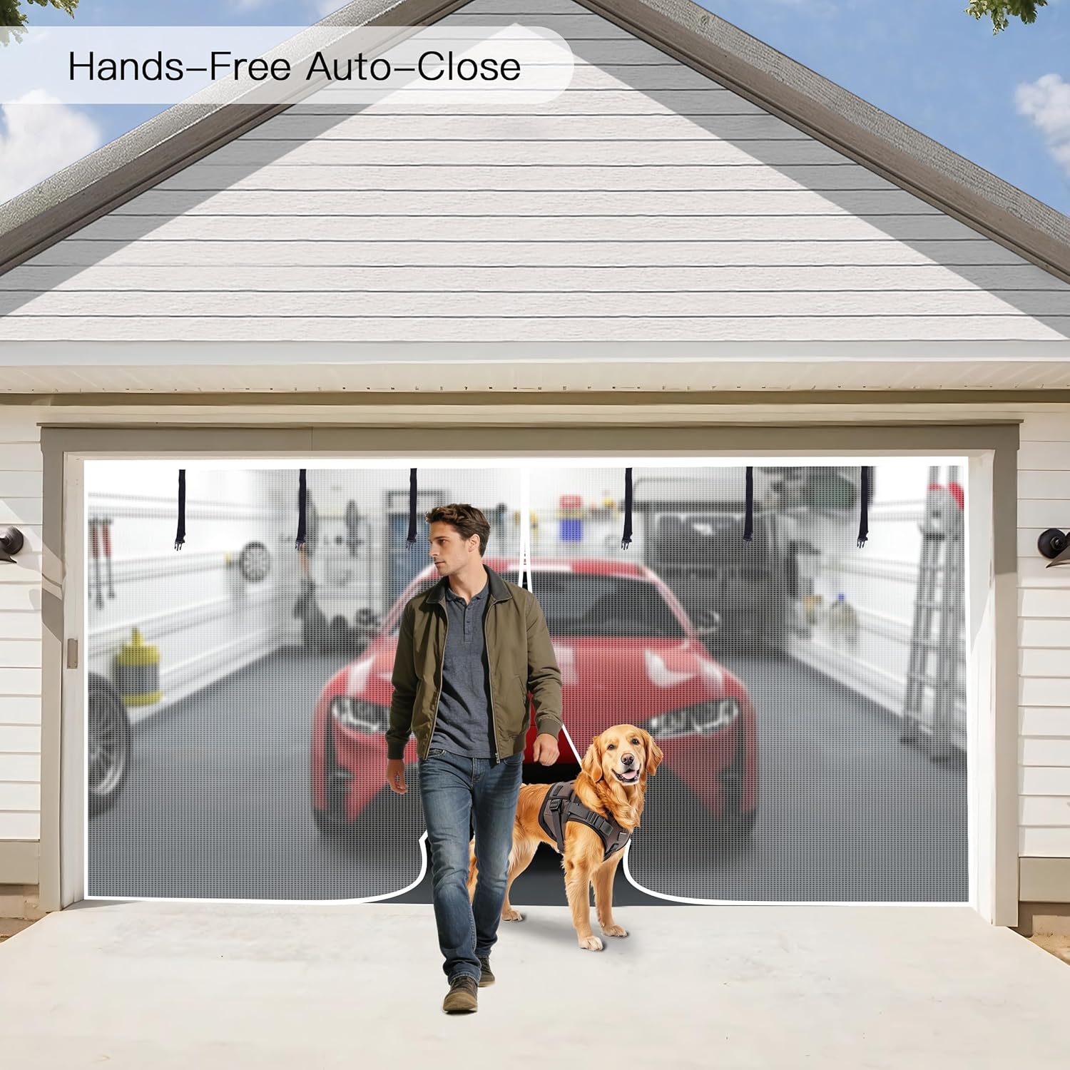 Sunolga Magnetic Garage Door Screen for 2 Car 16x7 FT, Reinforced Polyester Magnetic Screen Door with 26 High Energy Magnets and 6 Strapping Tapes, Hands-Free Screen Door Mesh for Garage Door White