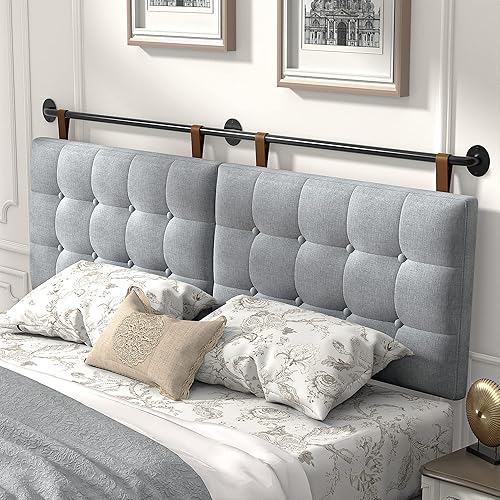 HouseMila Cabecero para cama tamaño King, cabecera para montar en la pared con tapicería de lino fino y acolchado de botones, cabecera de altura