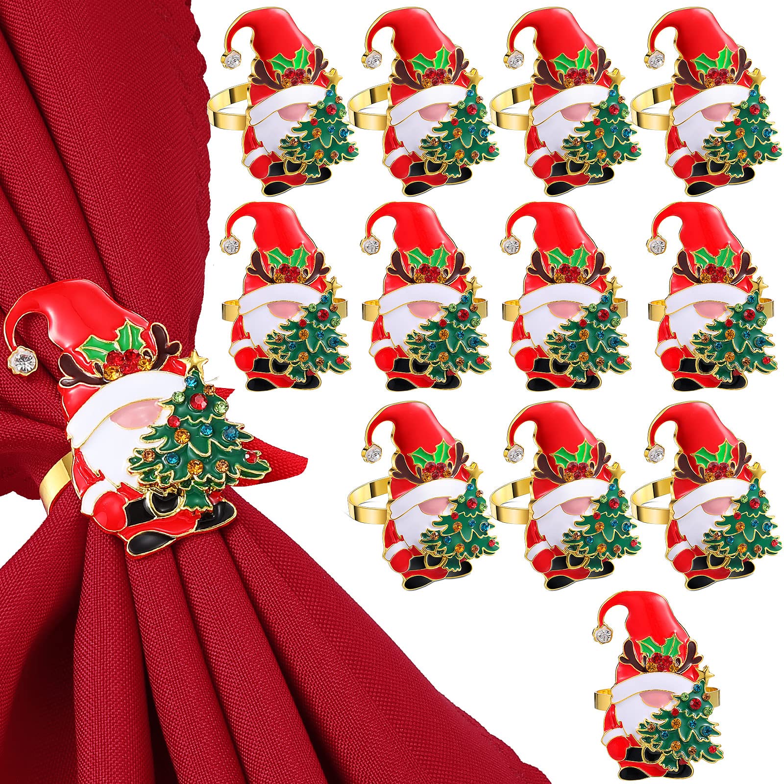 Lot de 12 ronds de serviette « Merry Christmas » en alliage de métal doré et rouge avec strass pour table de Noël, dîner de maison, cuisine, décoration de table de mariage, banquet (nain de mariage)