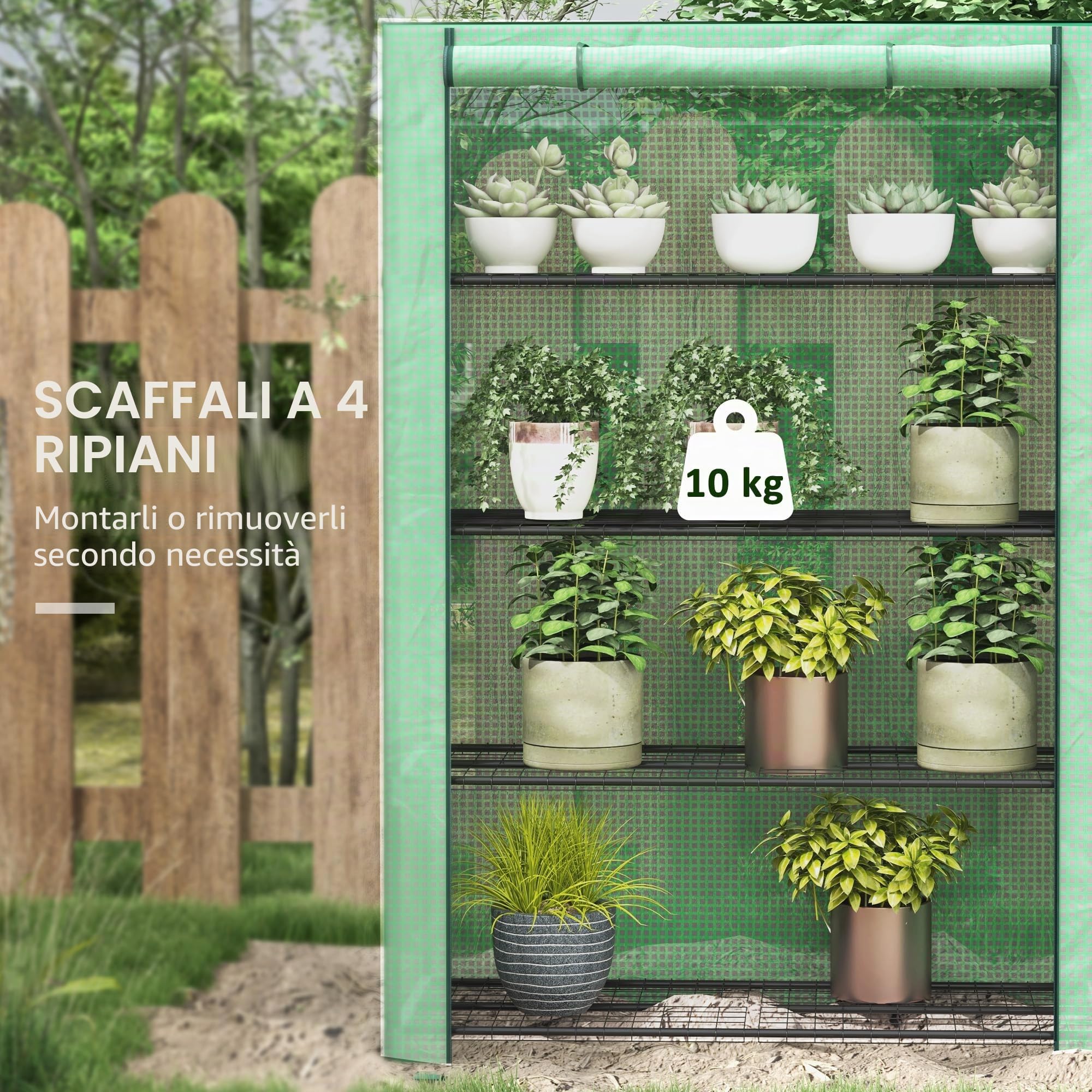 Outsunny Mini serra da giardino per balconi a 4 livelli con struttura in acciaio e telo in PE rinforzato, porta avvolgibile portatile per interni ed esterni, 120 x 50 x 170 cm, verde