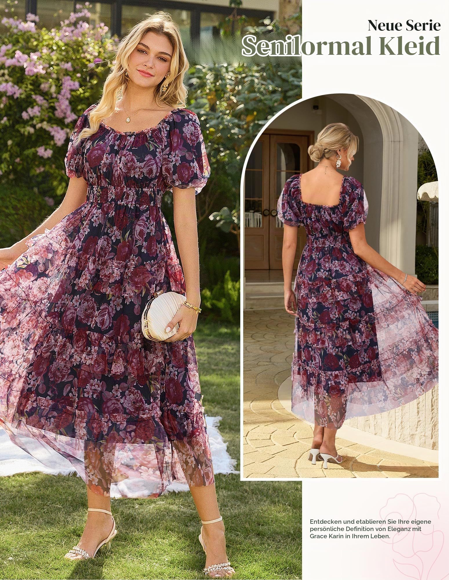 GRACE KARIN A-Linie Sommerkleid Damen Blumen Kleid Hochzeitsgast Elegante