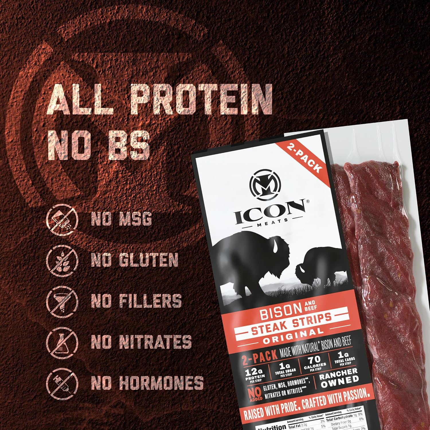 ICON Meats Bison and Beef Jerky Steak Strips, Original, 8 High Protein Snack Packs, 2 Strips per Pack, Low Sugar, Gluten Free, Natural, USDA Inspected, Made in the USA, Gifts for Him