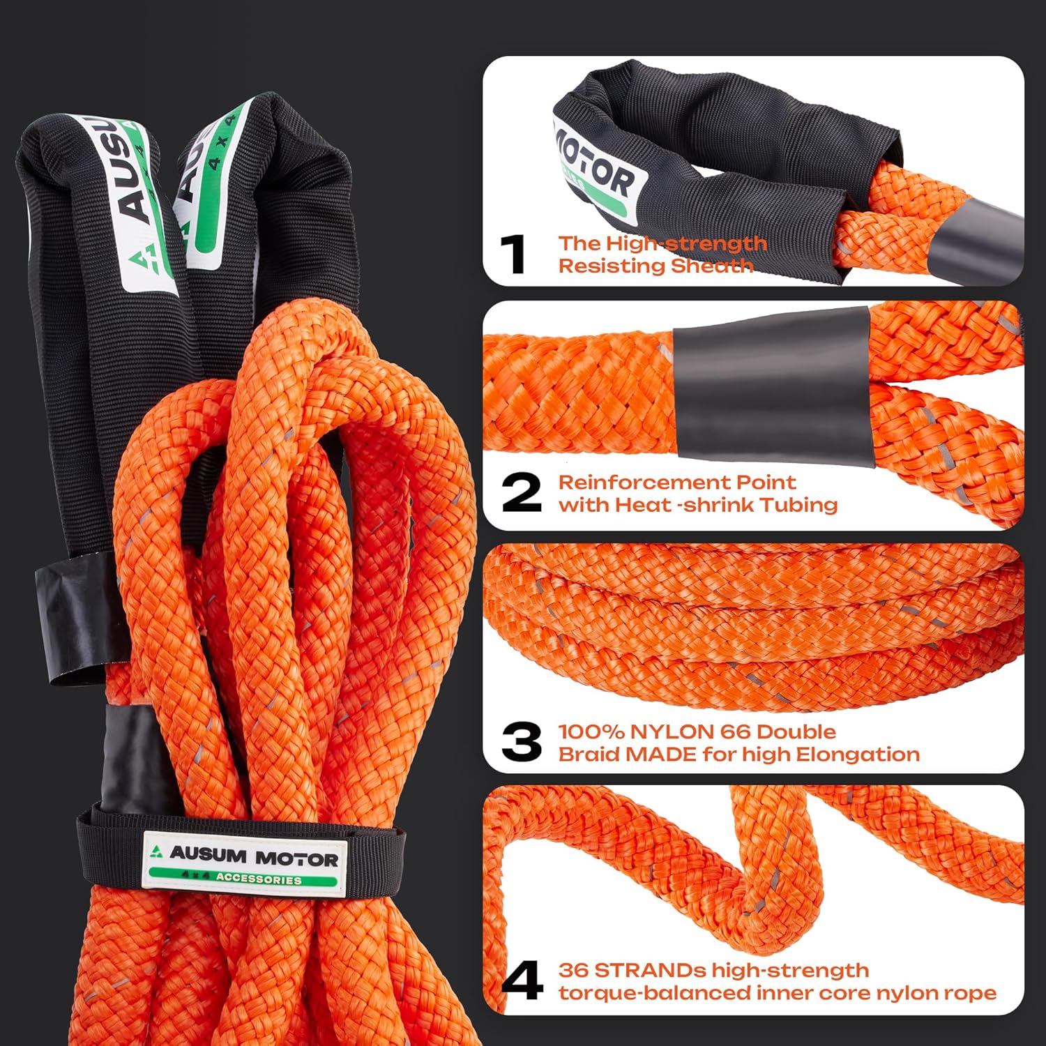 Kinetic Recovery Rope 1in x 20ft, Kinetic Rope Recovery Kit 48,600lbs Break Strength, with 2 Soft Shackles, 35% Elasticity, Heavy Duty Tow Ropes for Trucks SUV UTV ATV Tractor Car, Orange