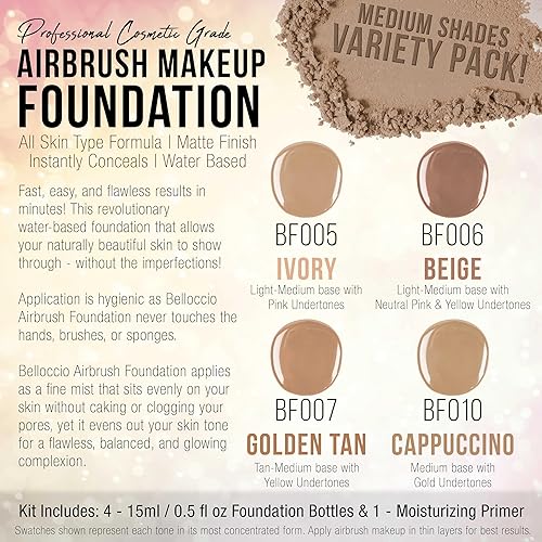 Miniatura 4 de Belloccio Sistema completo de maquillaje cosmético inalámbrico con 4 tonos de base medianos, kit profesional de 18 piezas, imprimación hidratante,