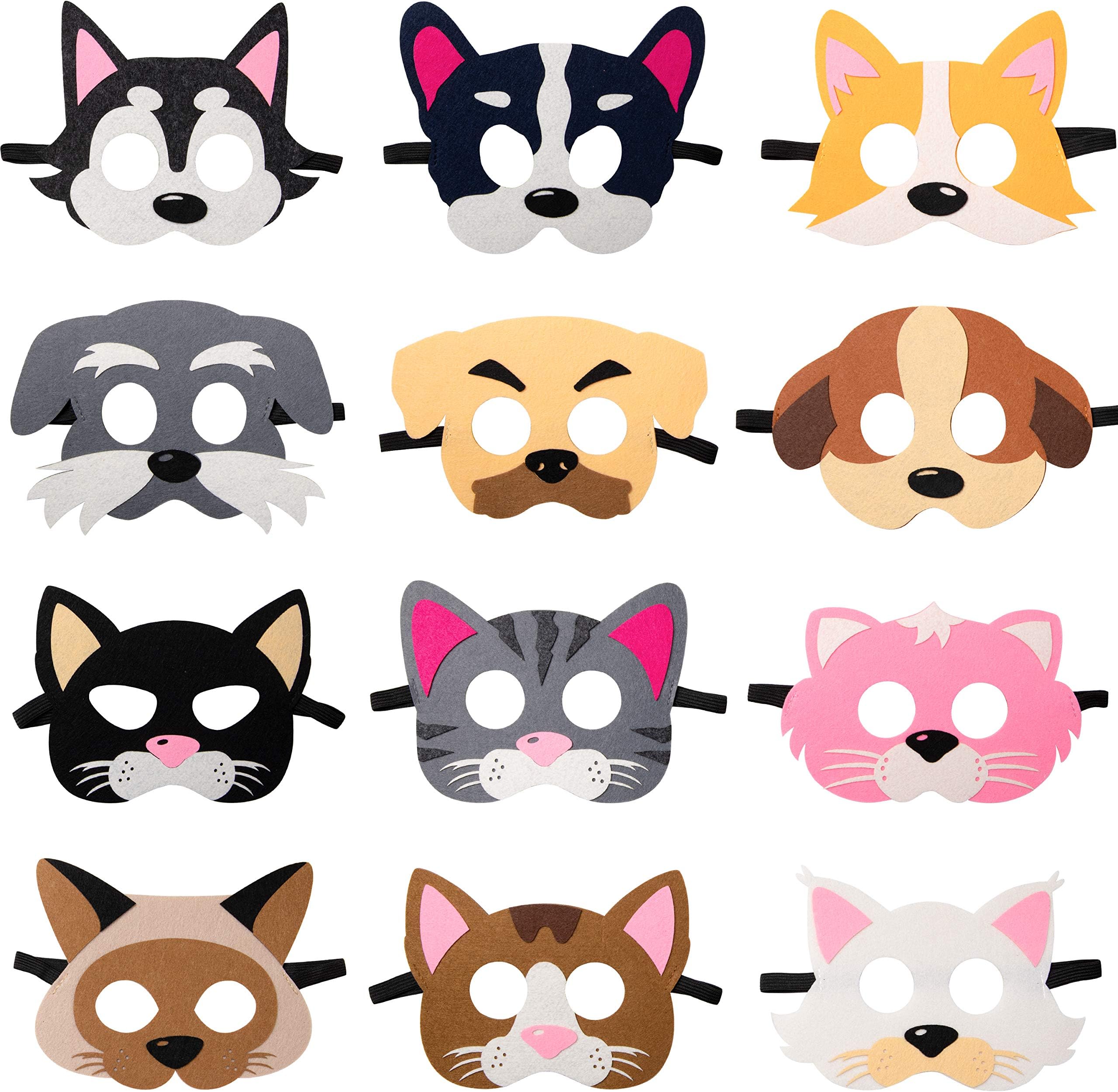 TICIAGA 12 Pack Dog Cat Felt Toy Masks for Kids, Animals Cosplay Costume Masks, Puppy Kitty Pretend Play Accessories, Role Playing Game Props, Dog Cat Theme Birthday Dress-Up Party Favor Decoration