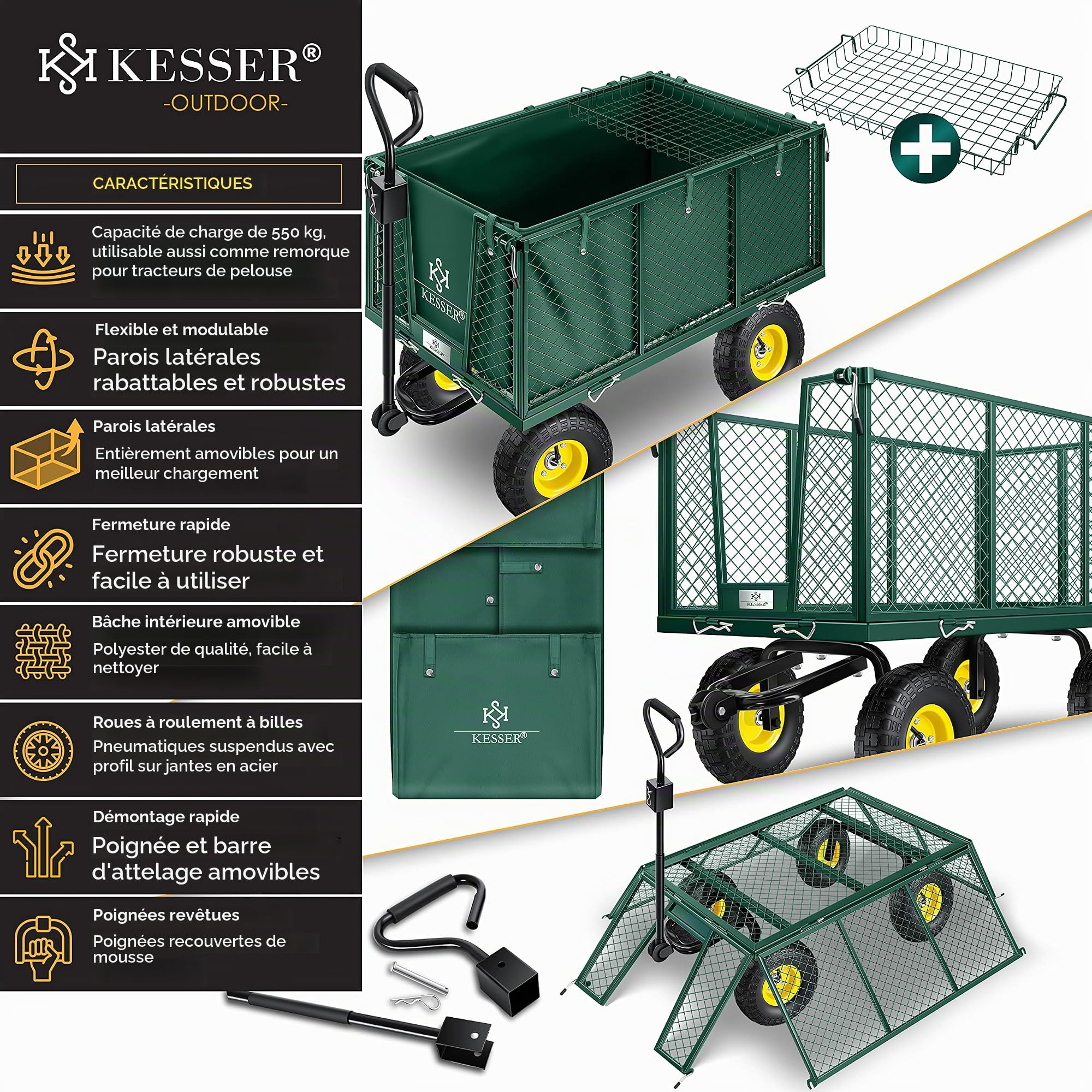 KESSER® - Chariot de transport polyvalent avec bâche amovible, charge maximale : 550 kg, idéal pour travaux de jardinage ou comme remorque, avec gants, Vert