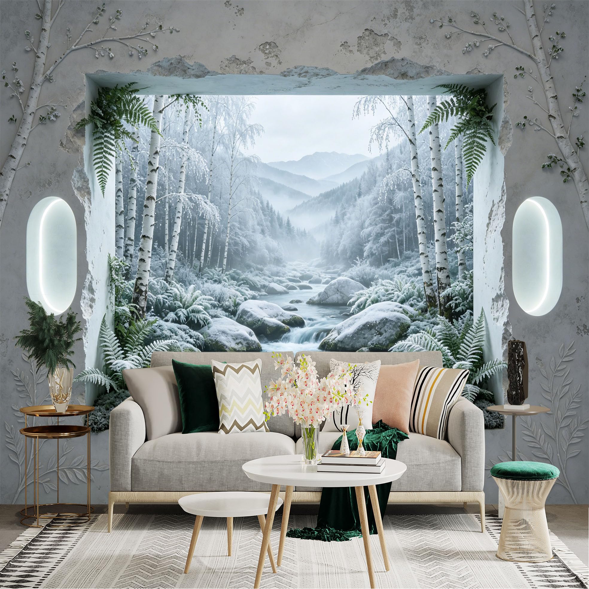Custom Size Wall Sticker Mural， Snowy Forest with River， Mountains and Frosted Ferns， for wall Decoration， peelandstick wall Decals.