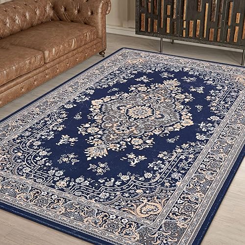 HOMORE 4x6 Area Rugs, Blue Washable Rugs for Bedroom, Non Slip Vintage Rug Faux Wool Floral Rug for Living Room Dining Room, Soft Thin Carpet Rug for Farmhouse Kids Room Dorm Decor