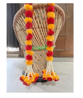SPHINX Artificial Marigold Fluffy Flowers and Tuberose (rajnigandha) Clustered Garlands for Festive Pooja Wedding Housewarming Decorations- (Approx 5 ft- 2 Pieces, Light Orange & Red)