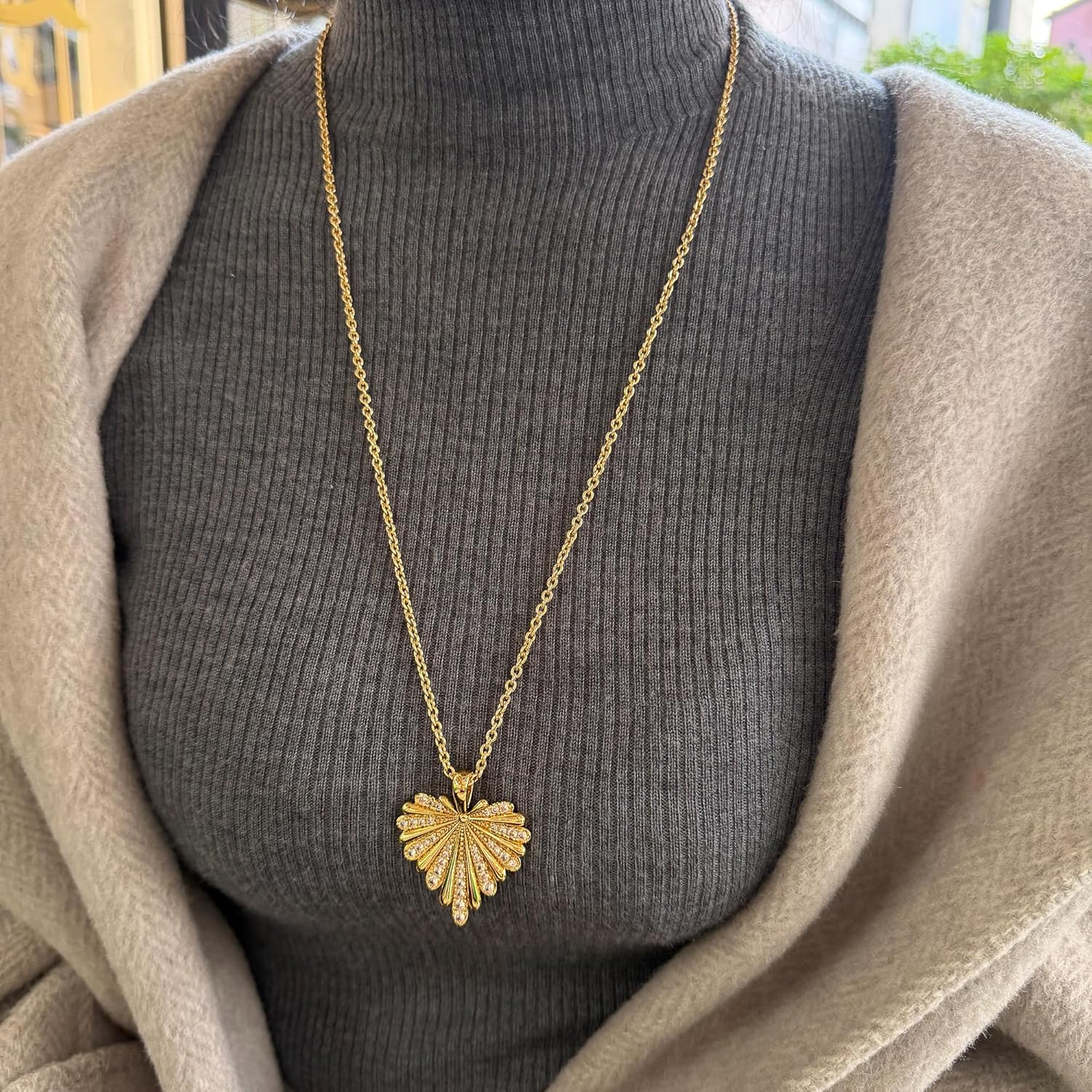 Palm Leaf & Full-Heart Pendant Necklace for Women 18K Gold Plated 5A+ CZ 28.5 Inch Adjustable Statement Jewelry Gift - Image 4