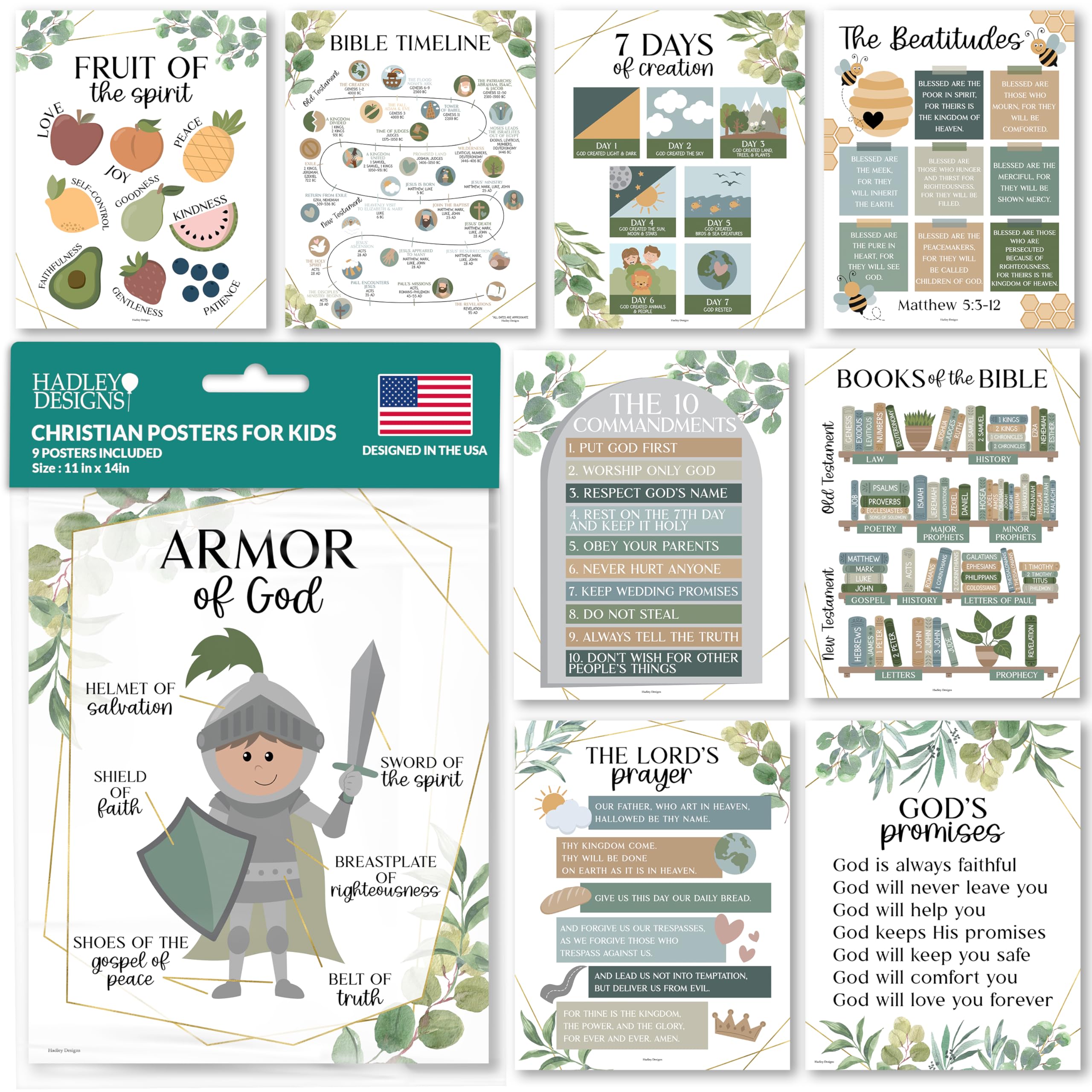 Hadley Designs Sunday School Decorations for Classroom – 9 Bible Posters for Kids, 11x14in Books of the Bible Poster, 10 Commandments, Fruits of the Spirit & More – Greenery Christian Classroom Decor