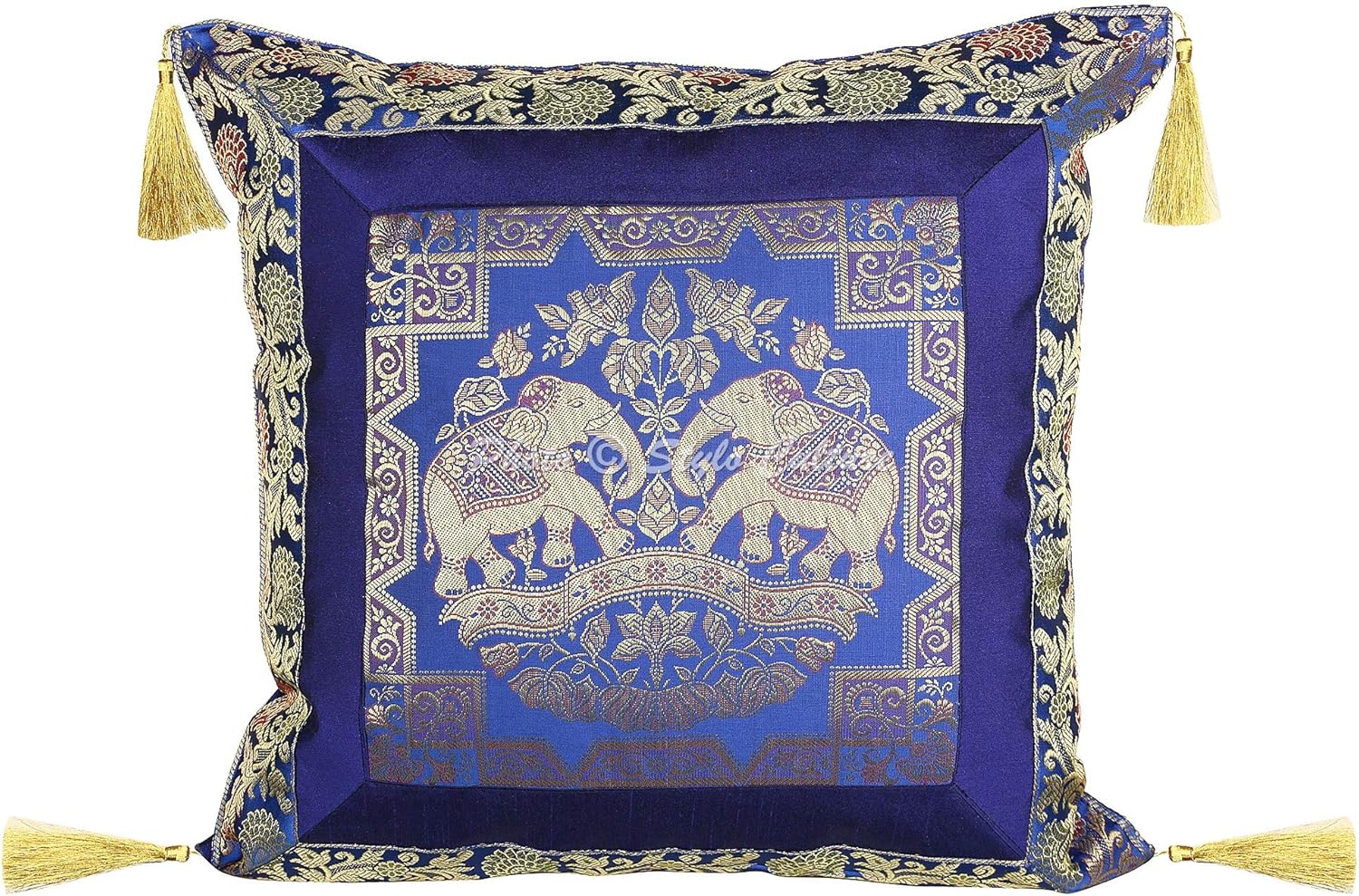 Bohemian Decorative Sofa Settee Toss Throw Pillow Cases 45x45 cm Brocade Bedroom Dark Blue Elephant Jacquard Tassels Square Luxury Zippered Indian 18x18 Inch Cushion Covers - 4 Pcs