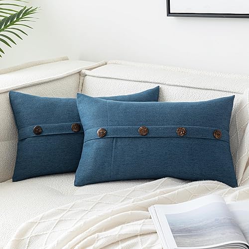 AQOTHES Pack of 2 Deep Blue Throw Pillow Covers with Buttons 12 x 20, Burlap Linen Rustic Farmhouse Decorative Lumbar Throw Pillows for Couch Sofa Living Room Chair Home Decor