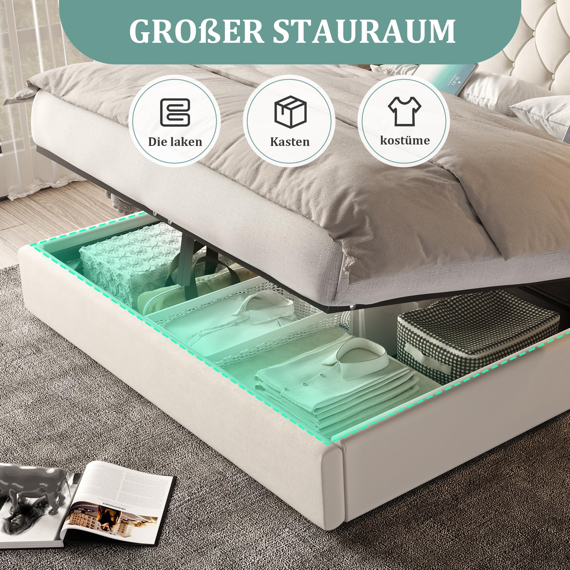 Estructura de cama con cabecero largo, 160 x 200 cm, material de terciopelo moderno, varios puertos USB, lámpara de escritorio, sistema hidráulico, espacio de almacenamiento extra grande, color