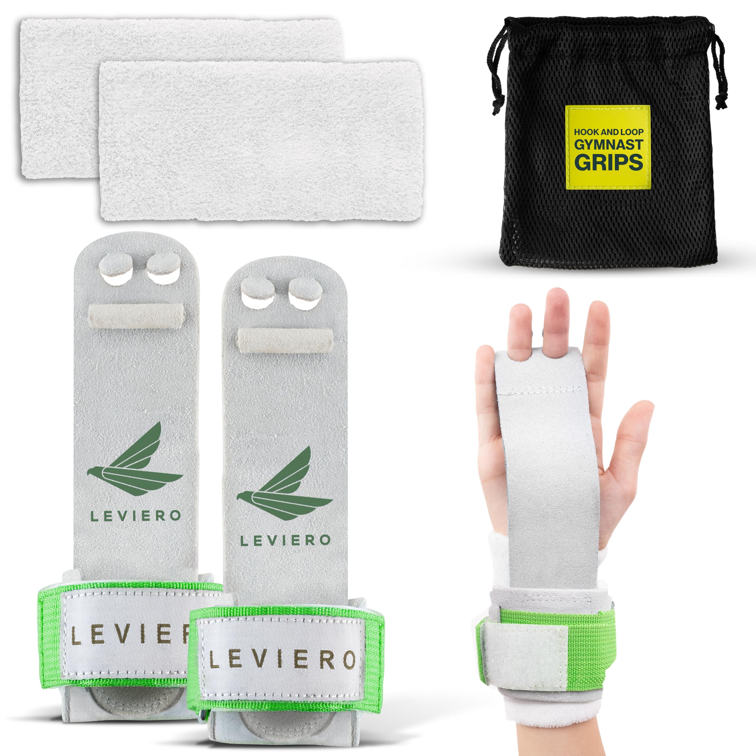 LEVIERO Gymnastics Grips Set, Grips for Gymnastics Girls, Dowel Grips with Soft Leather, Hook and Loop Wrist Straps, and Adjustable Finger Holes, for
