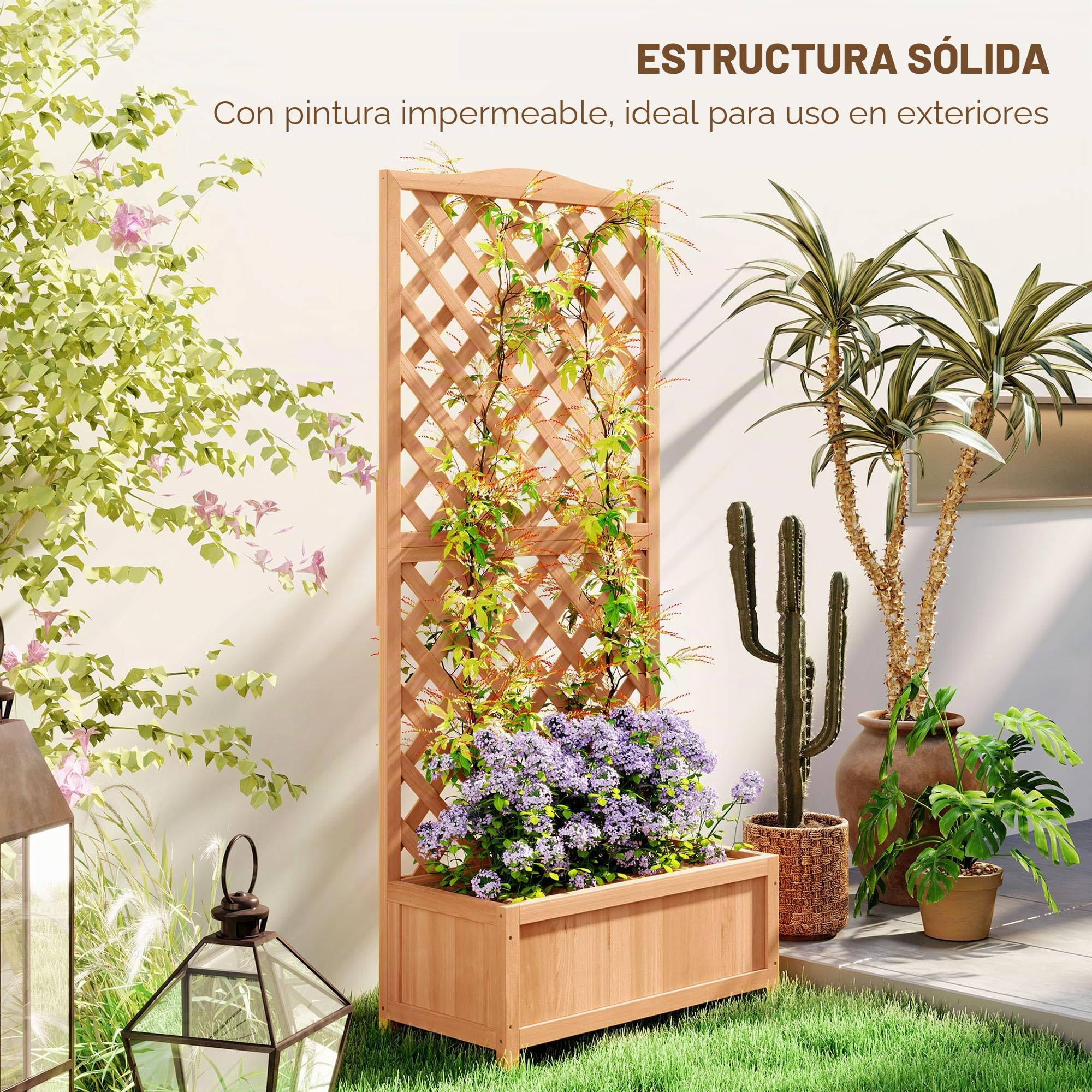 Outsunny Cama de jardín elevada con Rejilla, Jardinera de Exterior con Enrejado de Madera de Abeto para Plantas trepadoras, para Flores y Verduras, para jardín y balcón, 76x36x170 cm, Marrón