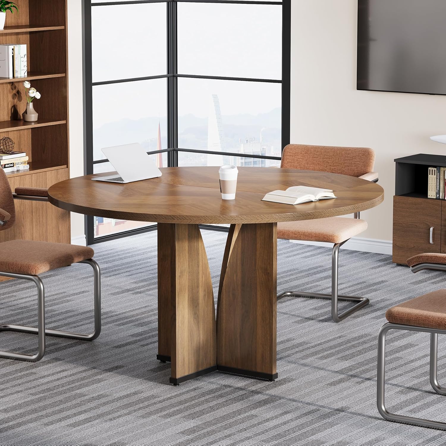 Tribesigns 39" Round Conference Table for 4, Wooden Meeting Table for Training & Seminar, Modern Small Office Table for Negotiation, Multi-Purpose Business Tables for Conference Room (Brown)