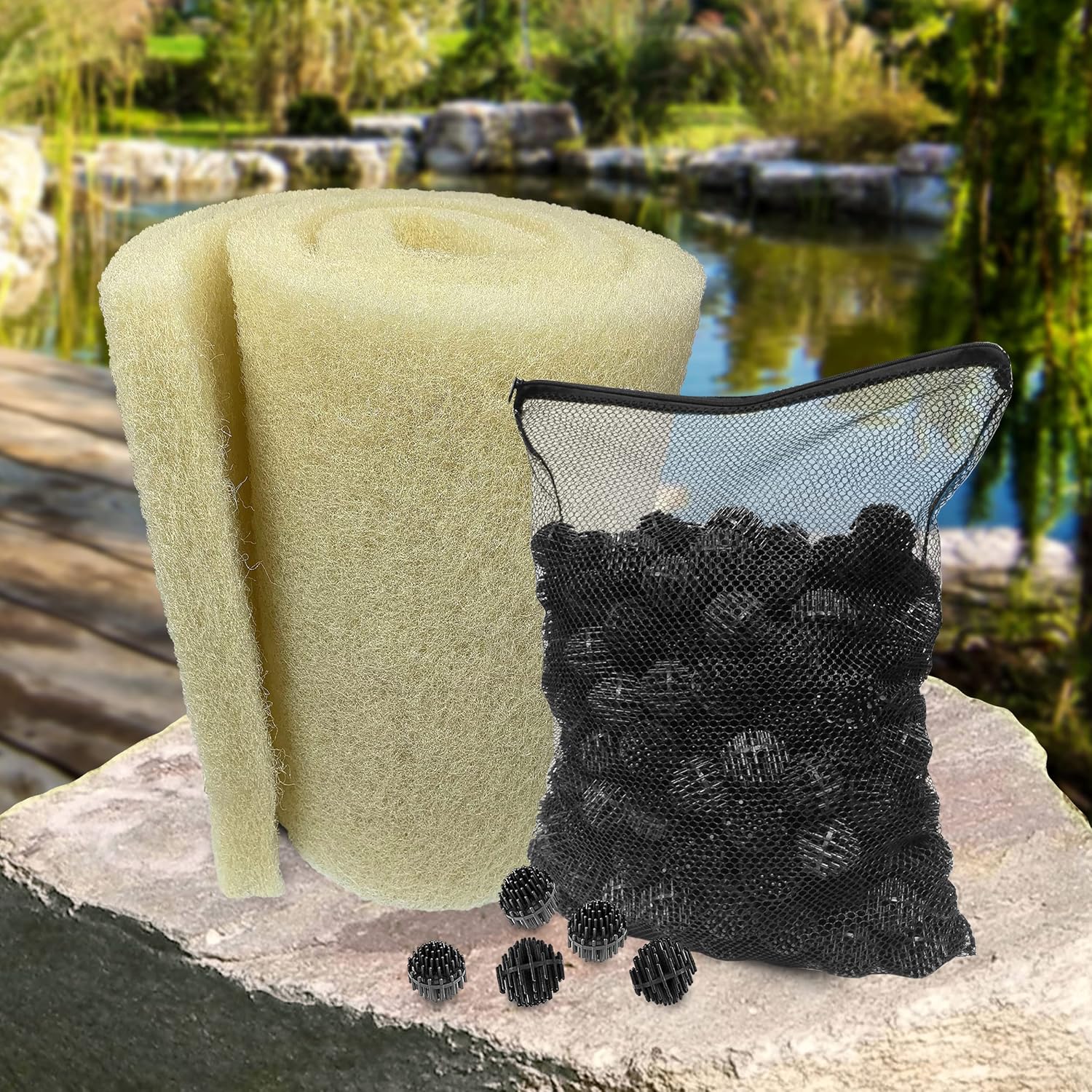 Aquatic Experts 18" 72" Coarse (Cream) Koi Pond Filter Pad + 1.5" 300 Count Bio Ball with 14"x20" Mesh Bag