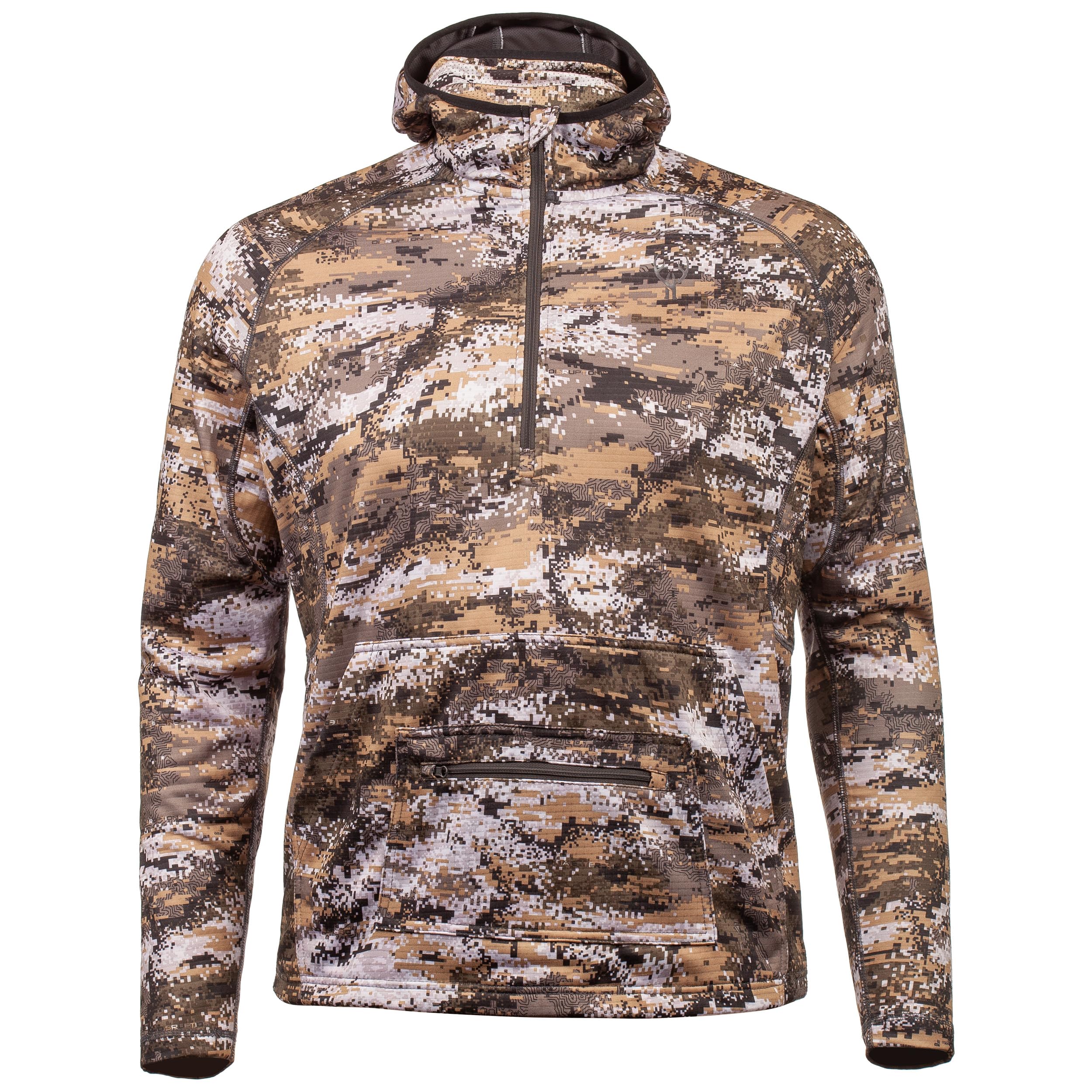 Huntworth Shelton Men’s ½ Zip Hunting Hooded Pullover with face mask, Disruption Camo, Medium