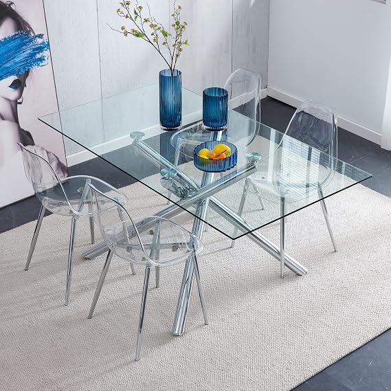 Acrylic Clear Dining Chairs Set of 6, Transparent Seat, Modern Plastic Back Chairs for Dining Room (Silver Legs)