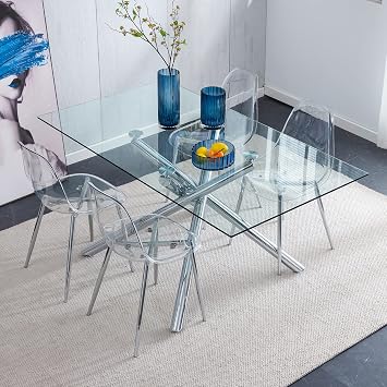 Acrylic Clear Dining Chairs Set of 6, Transparent Seat, Modern Plastic Back Chairs for Dining Room (Silver Legs)