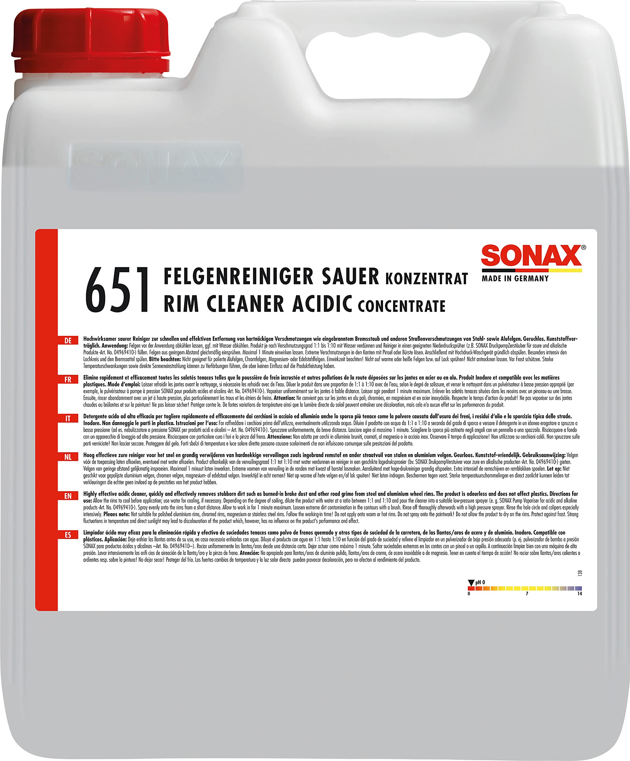 SONAX Felgenreiniger (10 Liter) hochwirksamer saurer Reiniger zur schnellen und effektiven Entfernung von hartnäckigen Verschmutzungen | Art-Nr. 06516000