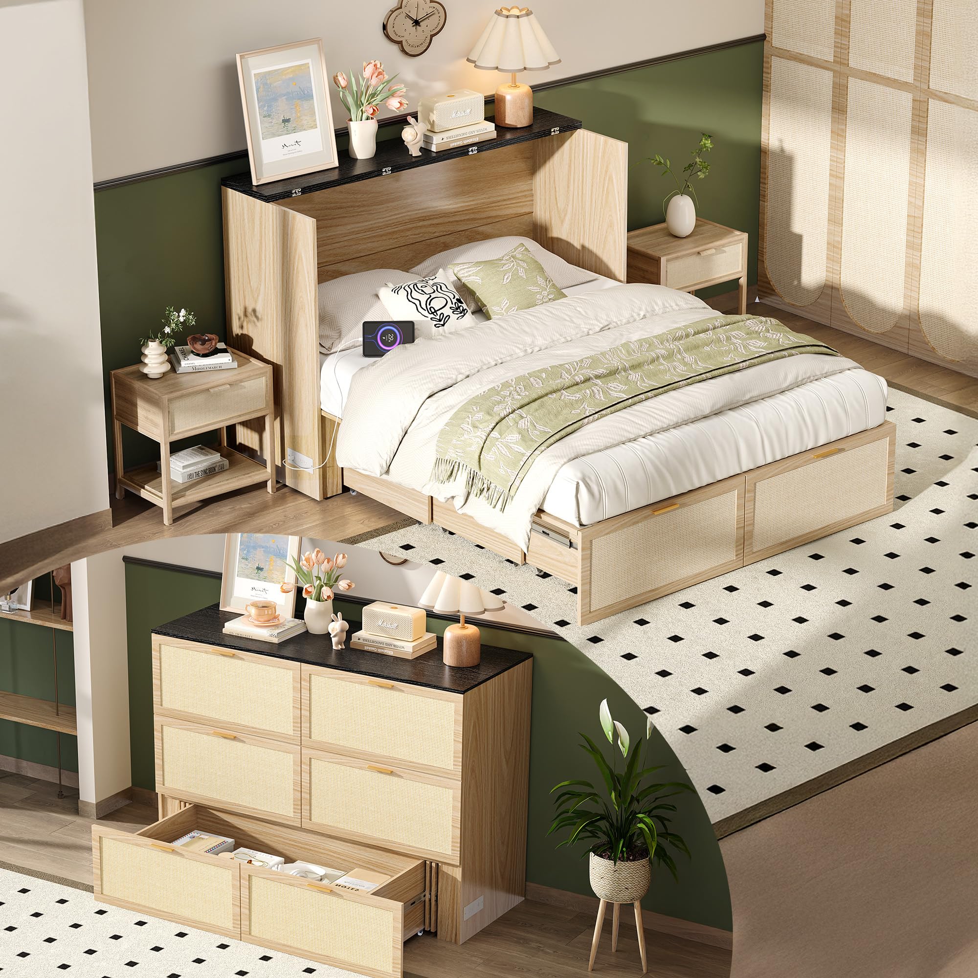 VINGLI Full Size Rattan Murphy Bed