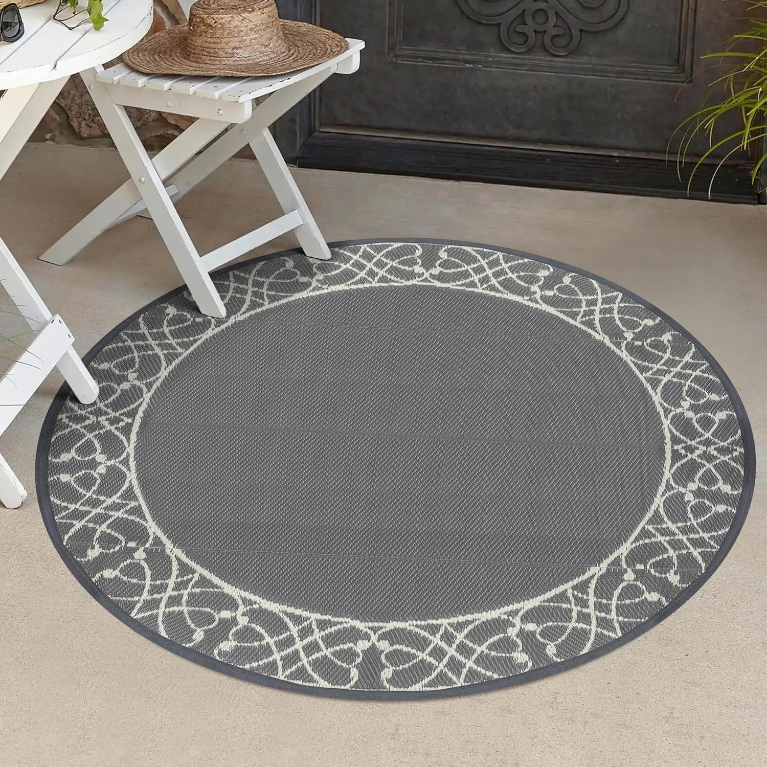 NUU GARDEN 5'x5' Round Outdoor Rug Reversible Patio Rug, Outdoor Plastic Straw Rug, Round Indoor Rugs for Garden, Balcony, Picnic, RV, Gray & Light Beige