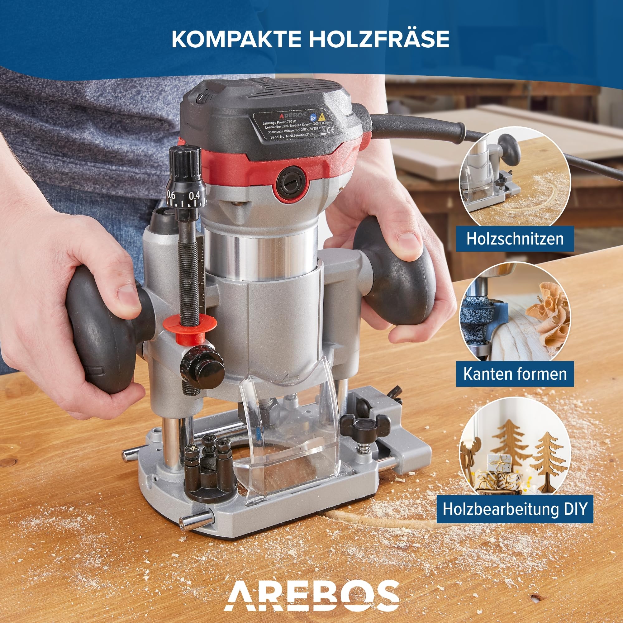 Arebos Oberfräse | Holz Fräse Fräsmaschine mit 6 Geschwindigkeitsstufen | 710W Spindelarretierung | Tauchbasis & Trimmer | Spannzange Ø 6 und 8 mm | mit Werkzeugtasche