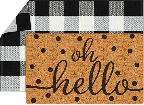 2 tapetes para puerta delantera, tapete de búfalo para exteriores, tapete decorativo de coco antideslizante para porche, a cuadros, alfombra rústica