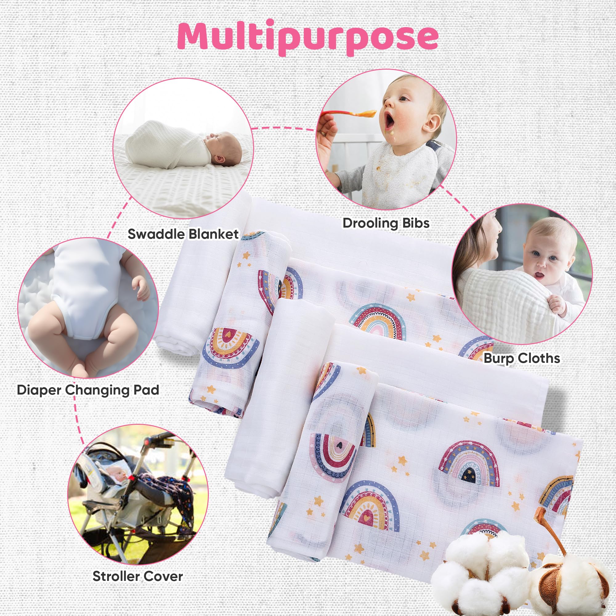 LAT Muslin Cloths for Baby 4 Pack 70 * 70cm Baby Muslin Squares Burp Cloths for Newborns 100% Cotton Soft and Breathable Washcloths Muslin Swaddle Blanket for Newborns (Stars+White) - Image 4