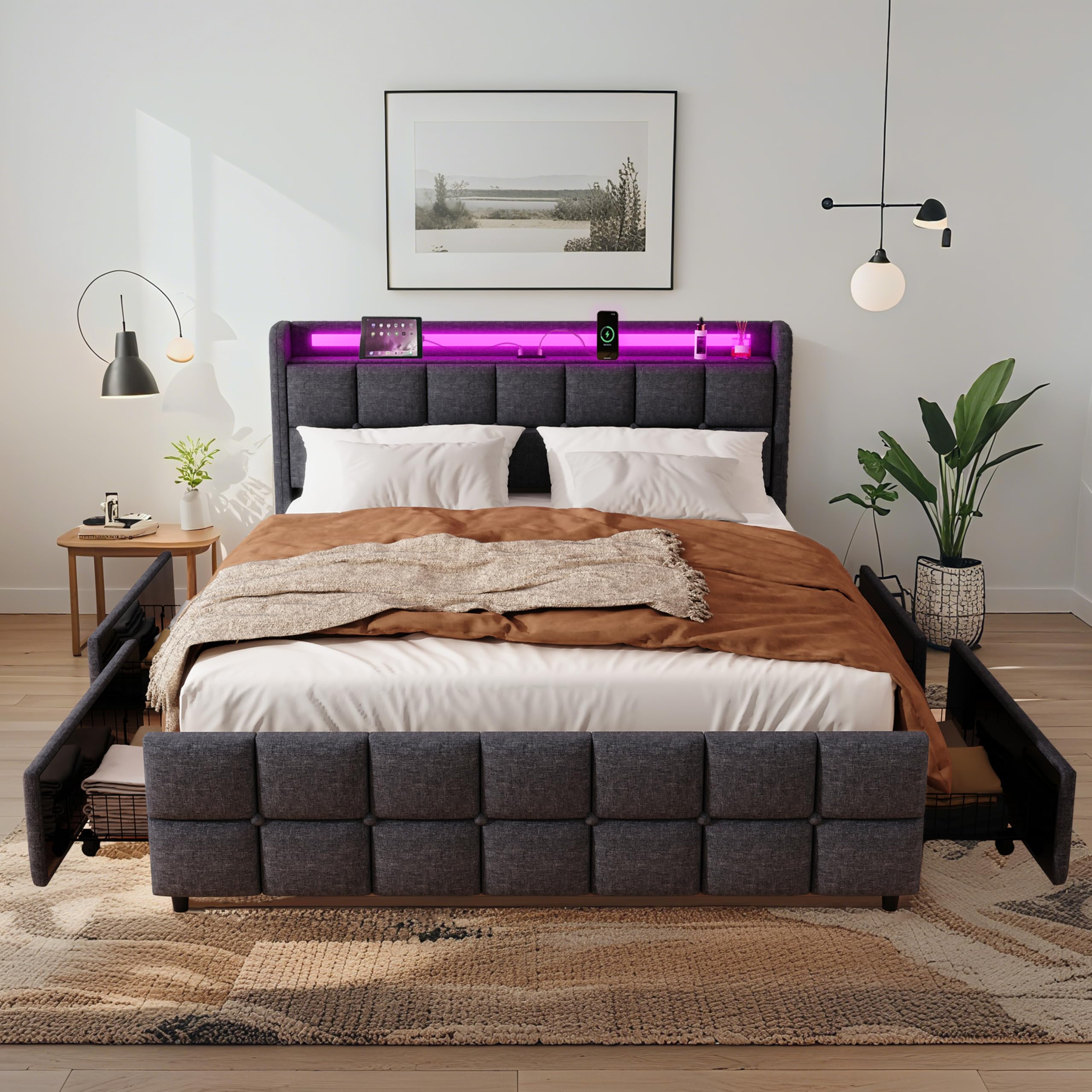 Full Size Bed Base with Multiple Color LED Lighting,Linen Upholstered Bed Frame with Headboard?Charging Station,4 Storage Drawers, Wooden Slats Bed,Easy Assembly,Noise-Free (Gray,Full)