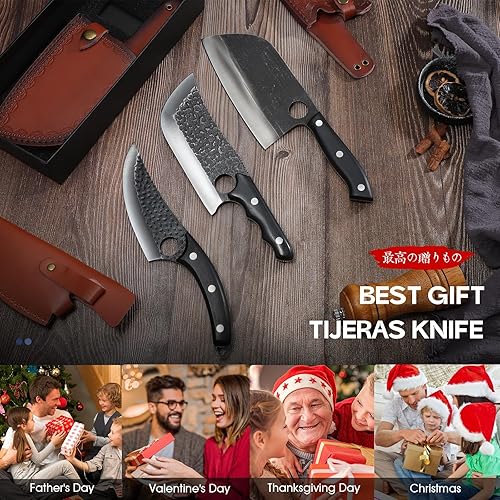 Miniatura 6 de TIJERAS Juego de cuchillos de carnicero, 3 cuchillos de carne forjados a mano, cuchillo de chef serbio, cuchillos vikingos con fundas, juego de