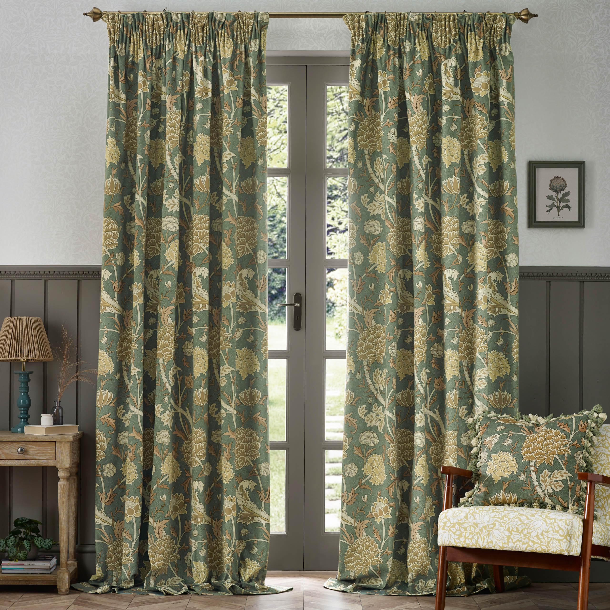 Morris&Co. Cray Pencil Pleat Curtain Pair - Lined Velvet Floral River-Inspired Drapes (Sage/Sunflower - 117x183cm) - Image 2